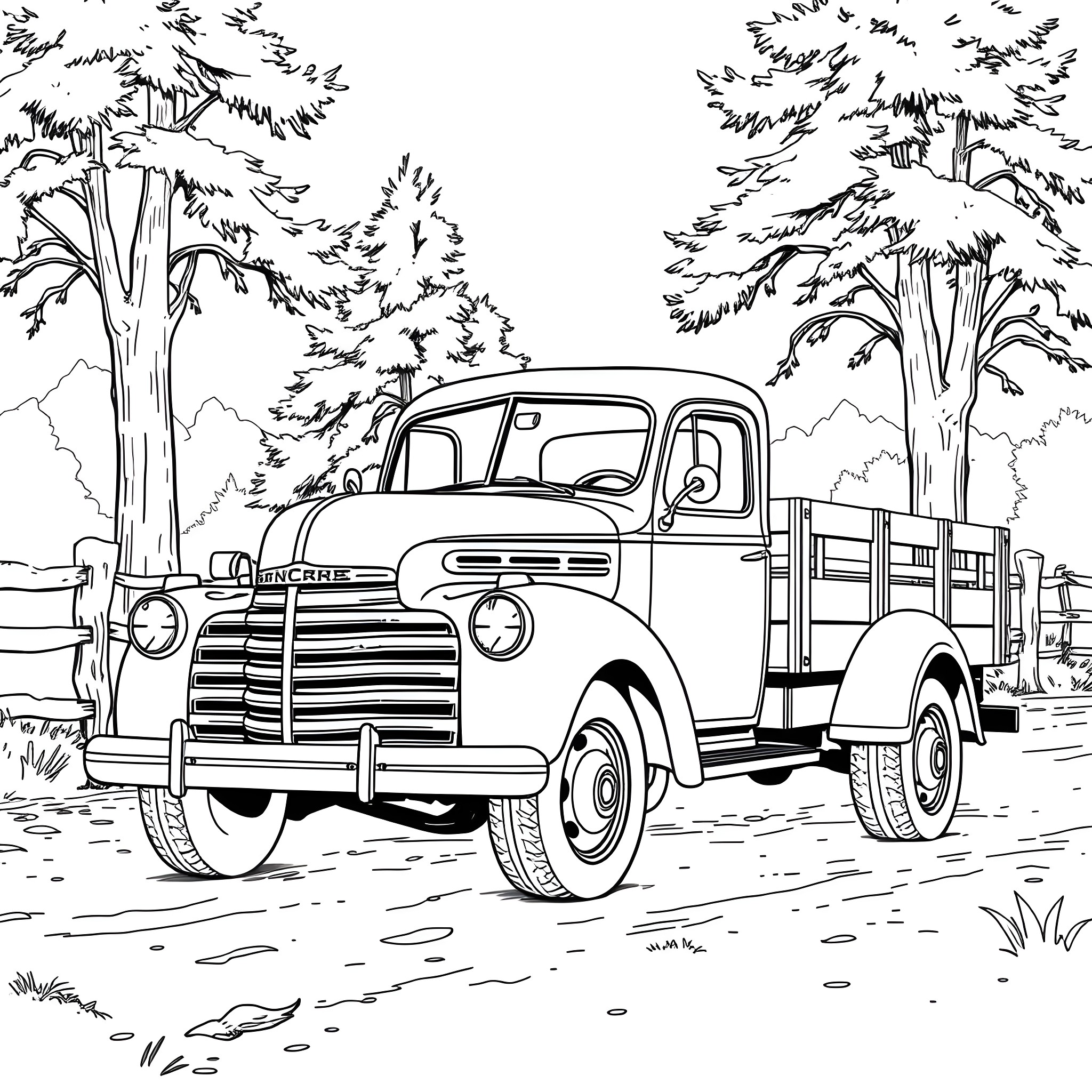 Truck hauling in the forest Coloring Page (free black-and-white line drawing printable PDF for all, from beginners to advanced learners, including children, teens, adults, and seniors)