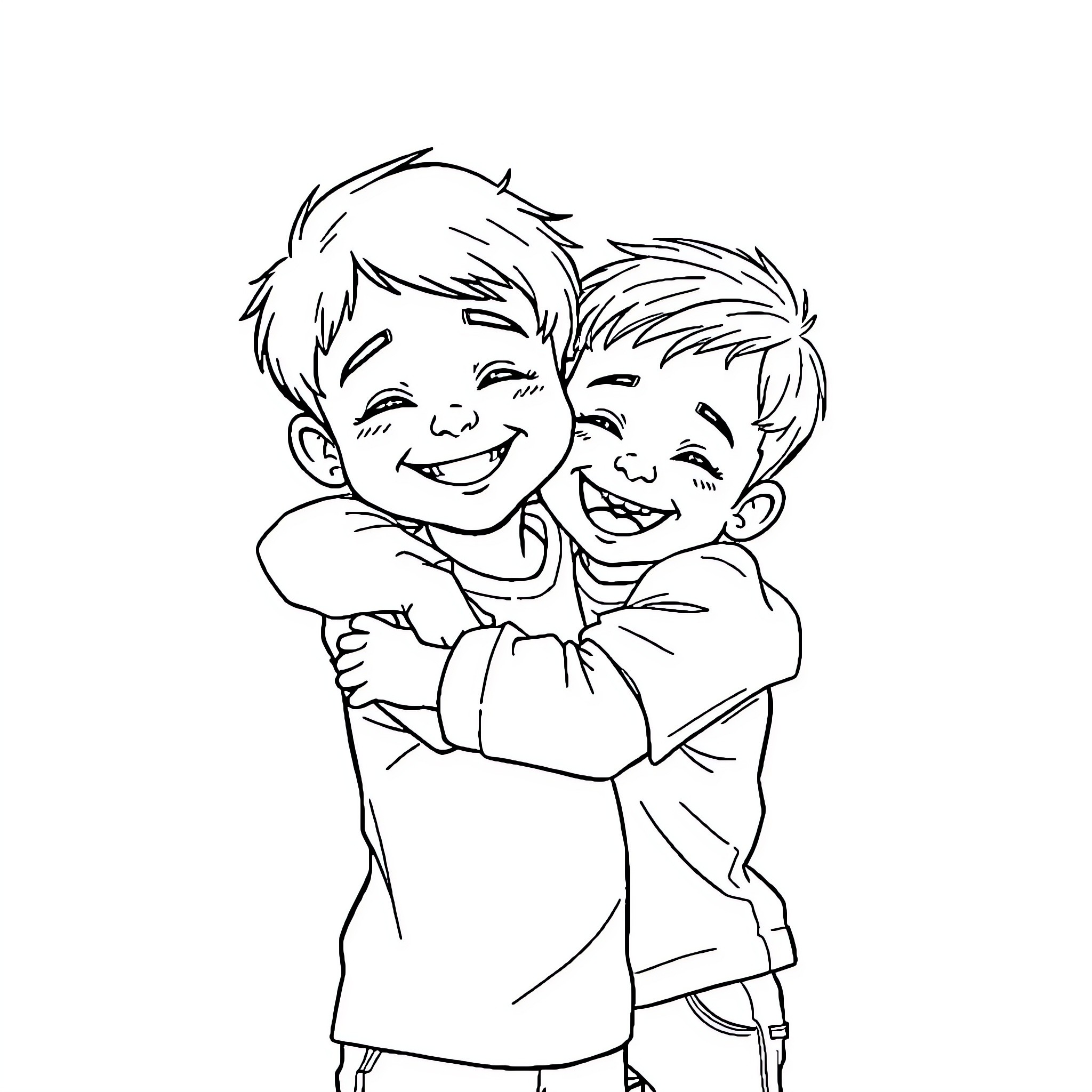 Brothers sharing a joyful embrace Coloring Page (free black-and-white line drawing printable PDF for all, from beginners to advanced learners, including children, teens, adults, and seniors)