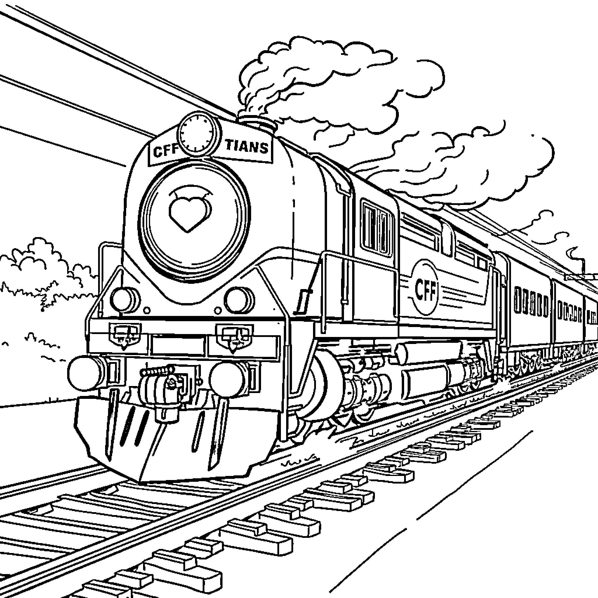 Train with bold details speeding down the tracks Coloring Page (free black-and-white line drawing printable PDF for all, from beginners to advanced learners, including children, teens, adults, and seniors)