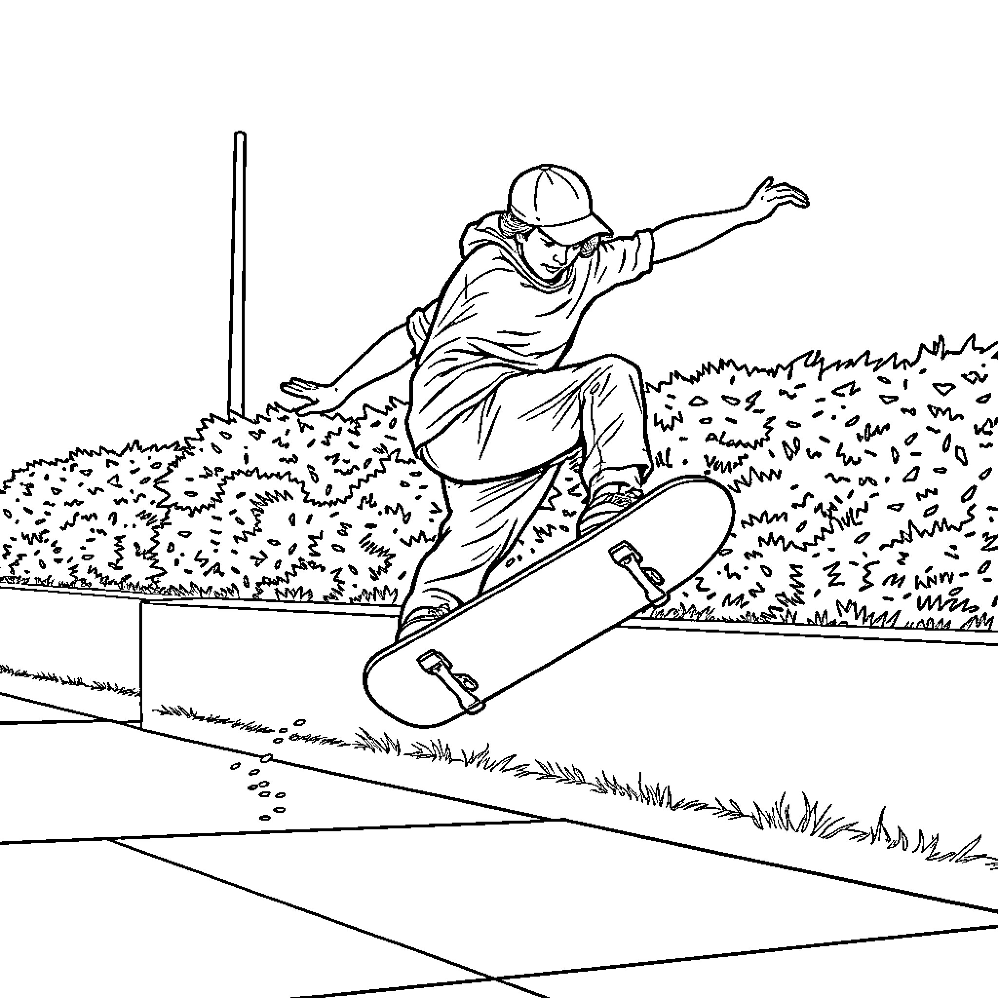 Skateboarding athlete performing trick in the park Coloring Page (free black-and-white line drawing printable PDF for all, from beginners to advanced learners, including children, teens, adults, and seniors)