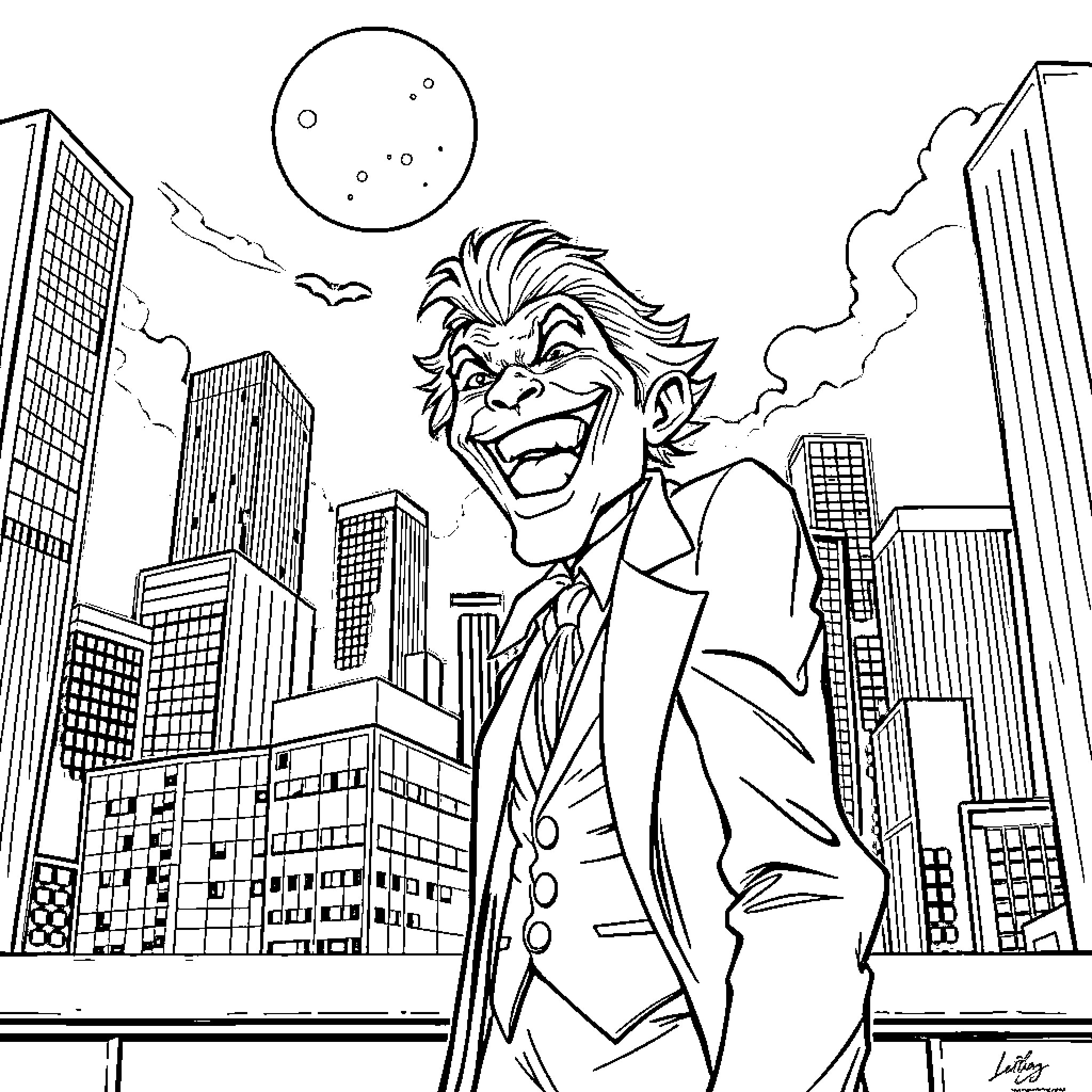 Joker's Mischievous Antics in the City Coloring Page (free black-and-white line drawing printable PDF for all, from beginners to advanced learners, including children, teens, adults, and seniors)