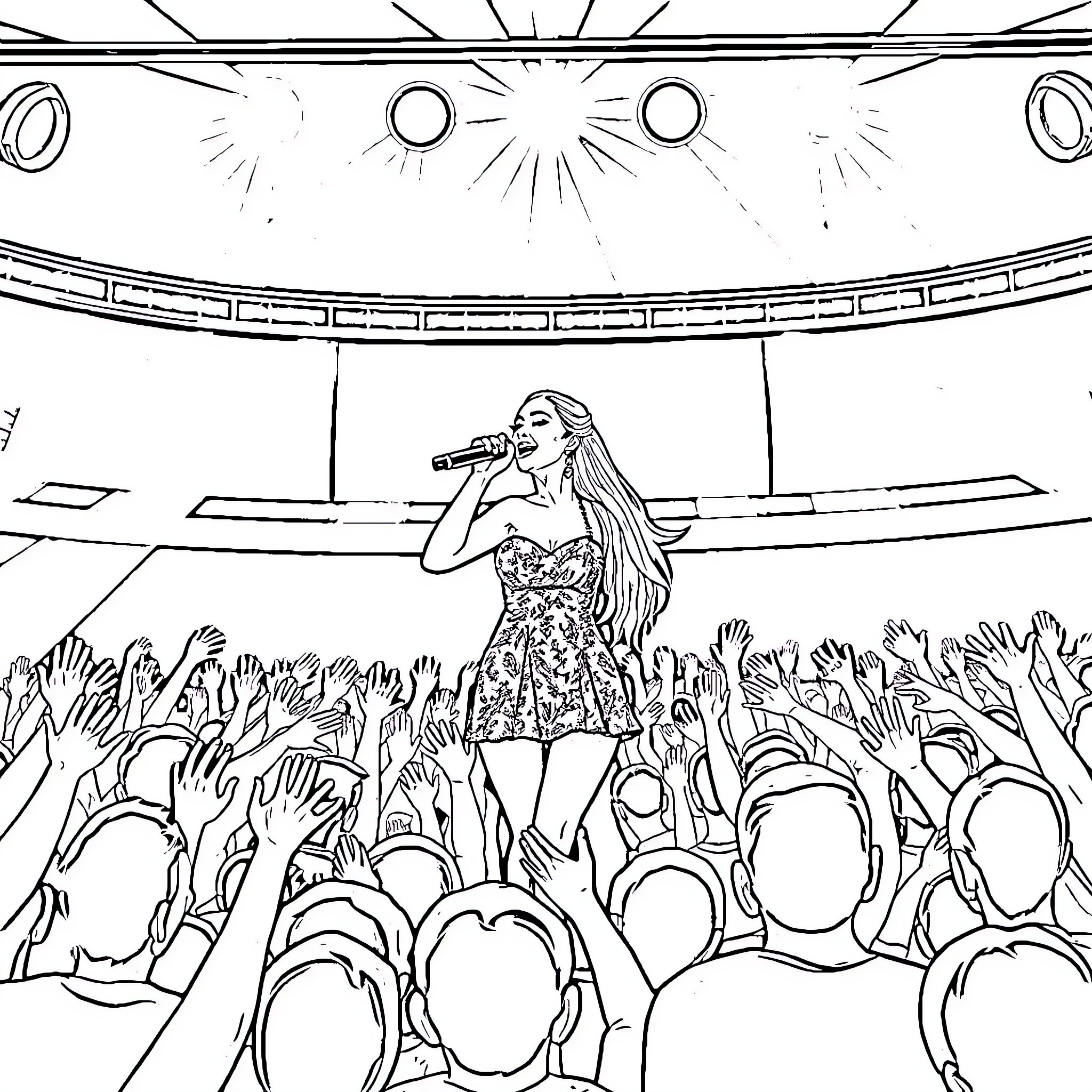 Ariana Grande performing on stage for adoring crowd Coloring Page (free black-and-white line drawing printable PDF for all, from beginners to advanced learners, including children, teens, adults, and seniors)