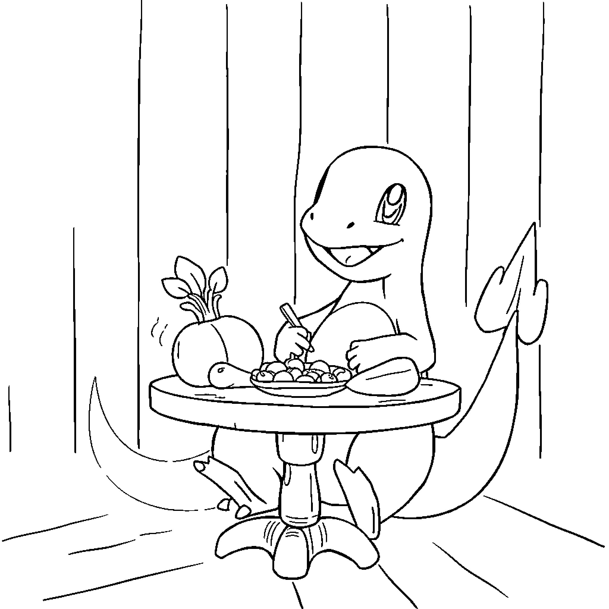 Charmander enjoys a hearty meal at the table Coloring Page (free black-and-white line drawing printable PDF for all, from beginners to advanced learners, including children, teens, adults, and seniors)
