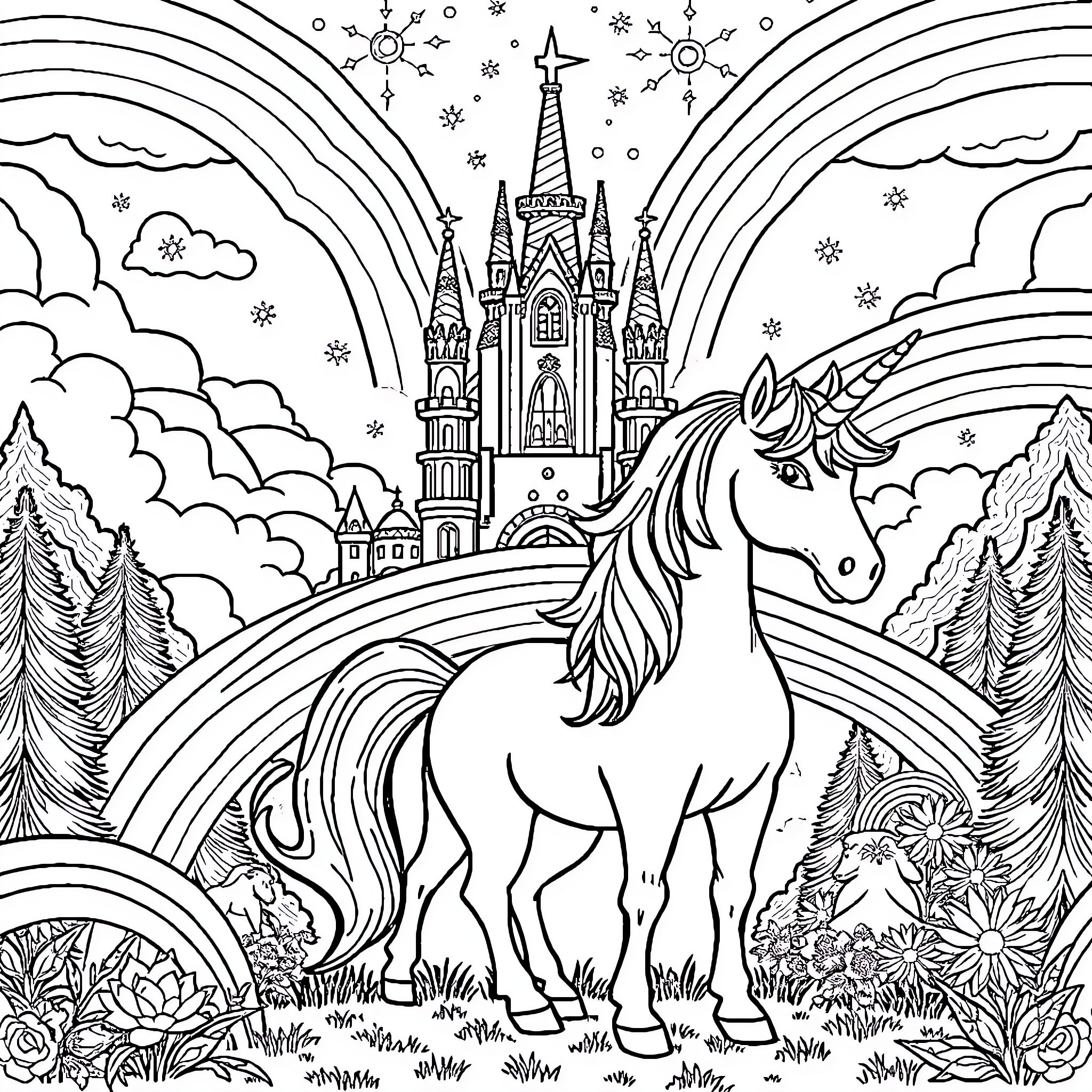 Unicorn standing before enchanted castle in magical landscape Coloring Page (free black-and-white line drawing printable PDF for all, from beginners to advanced learners, including children, teens, adults, and seniors)