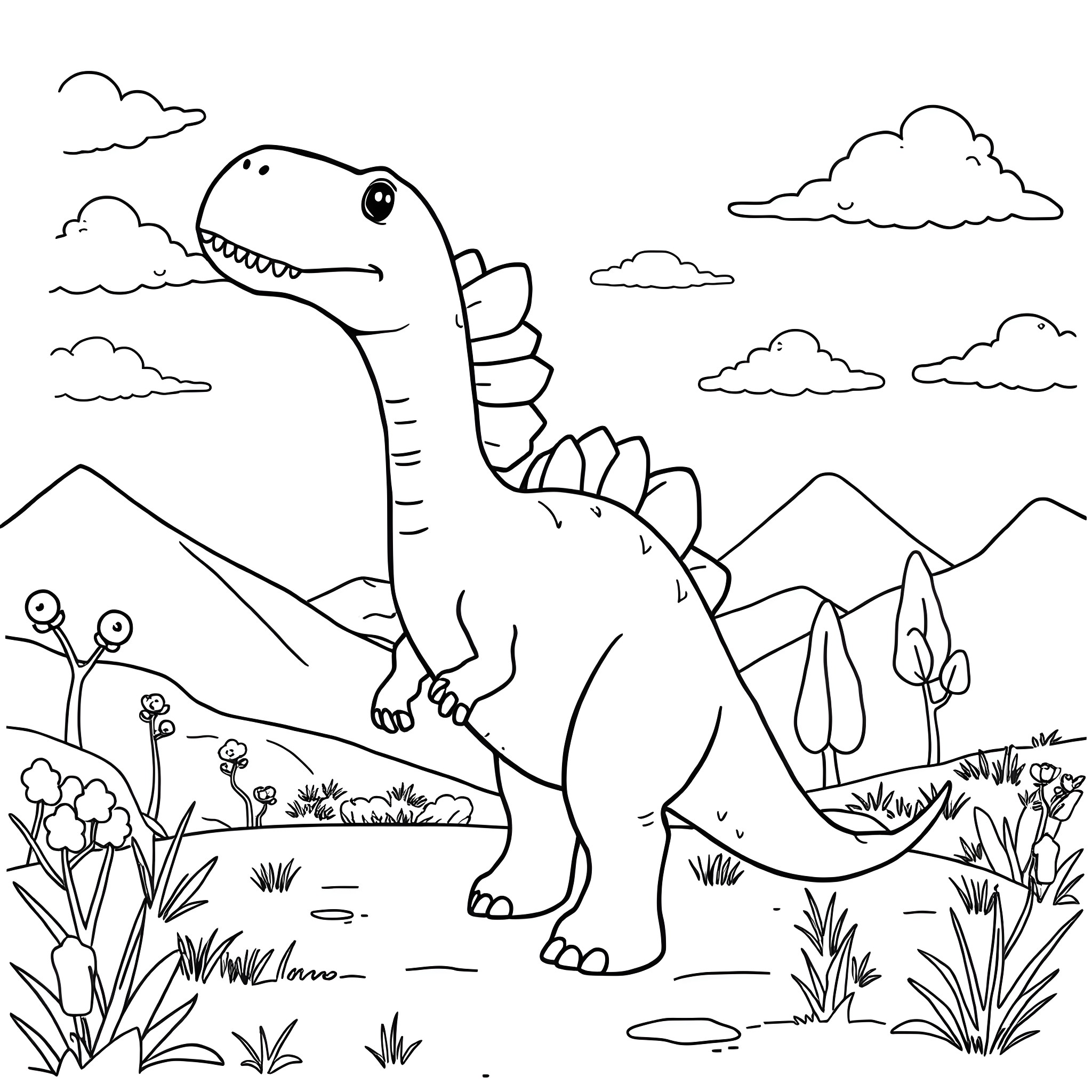 Dinosaur exploring the prehistoric landscape Coloring Page (free black-and-white line drawing printable PDF for all, from beginners to advanced learners, including children, teens, adults, and seniors)