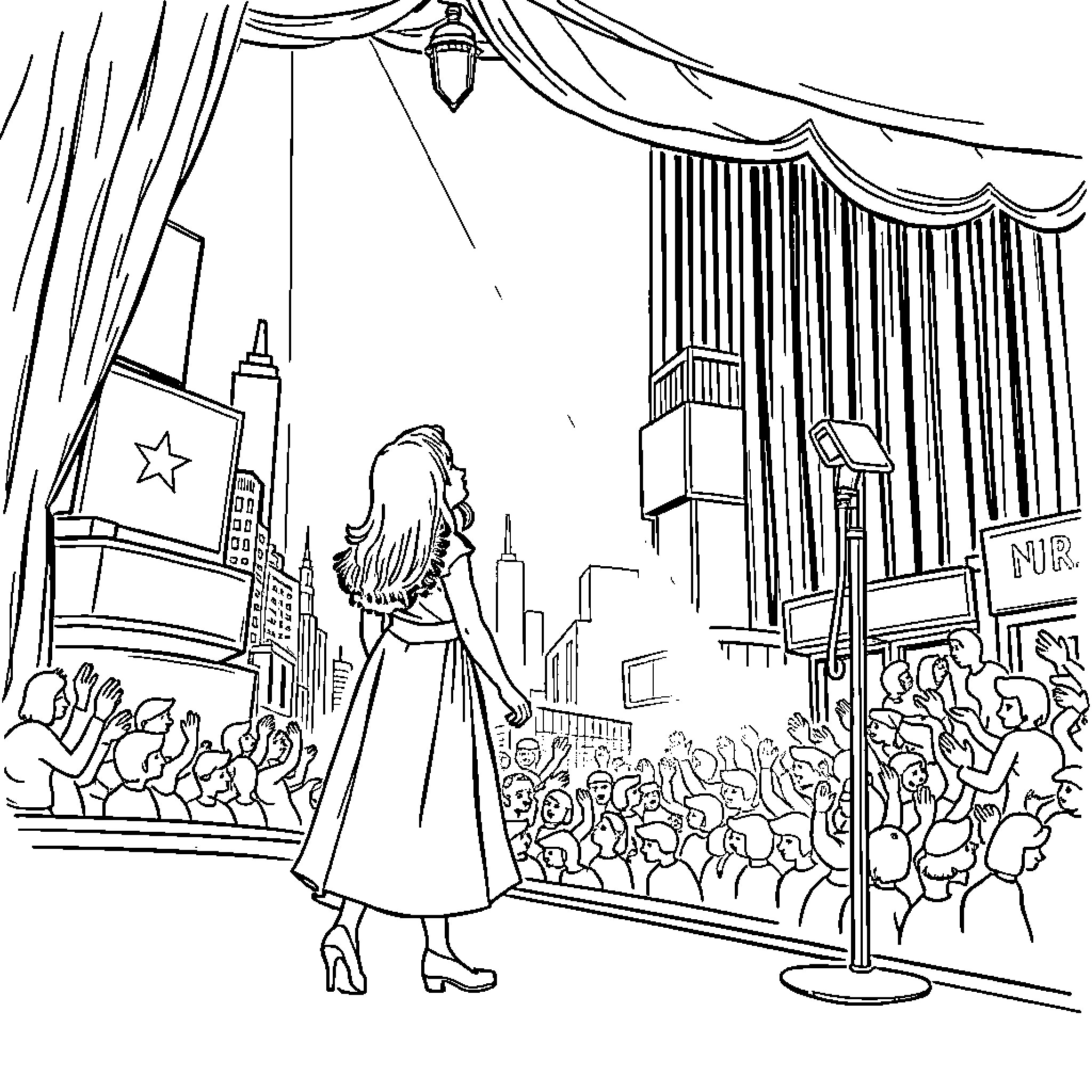 Girl admiring city skyline from stage Coloring Page (free black-and-white line drawing printable PDF for all, from beginners to advanced learners, including children, teens, adults, and seniors)