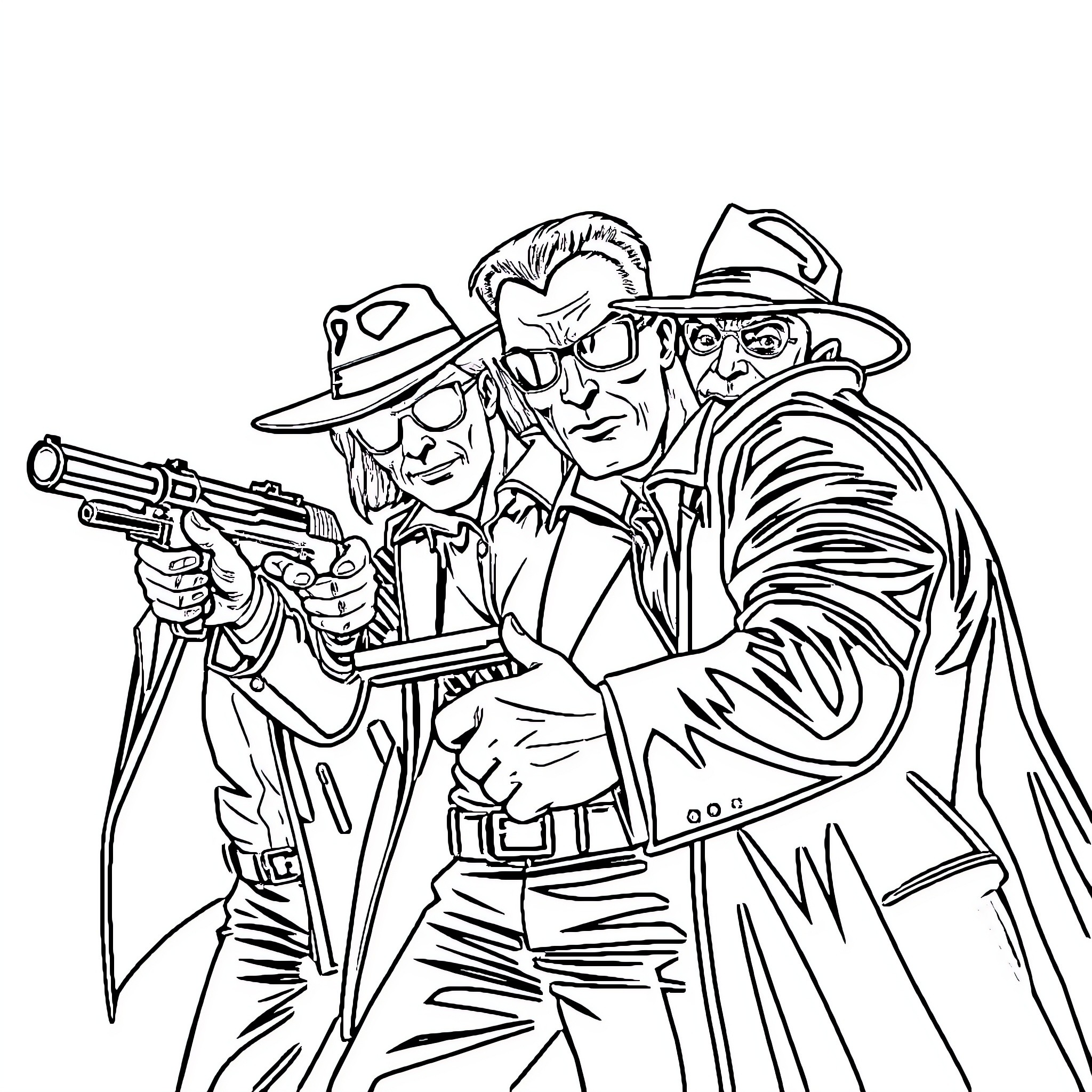Bad Guys Wielding Weapons in Action Poses Coloring Page (free black-and-white line drawing printable PDF for all, from beginners to advanced learners, including children, teens, adults, and seniors)