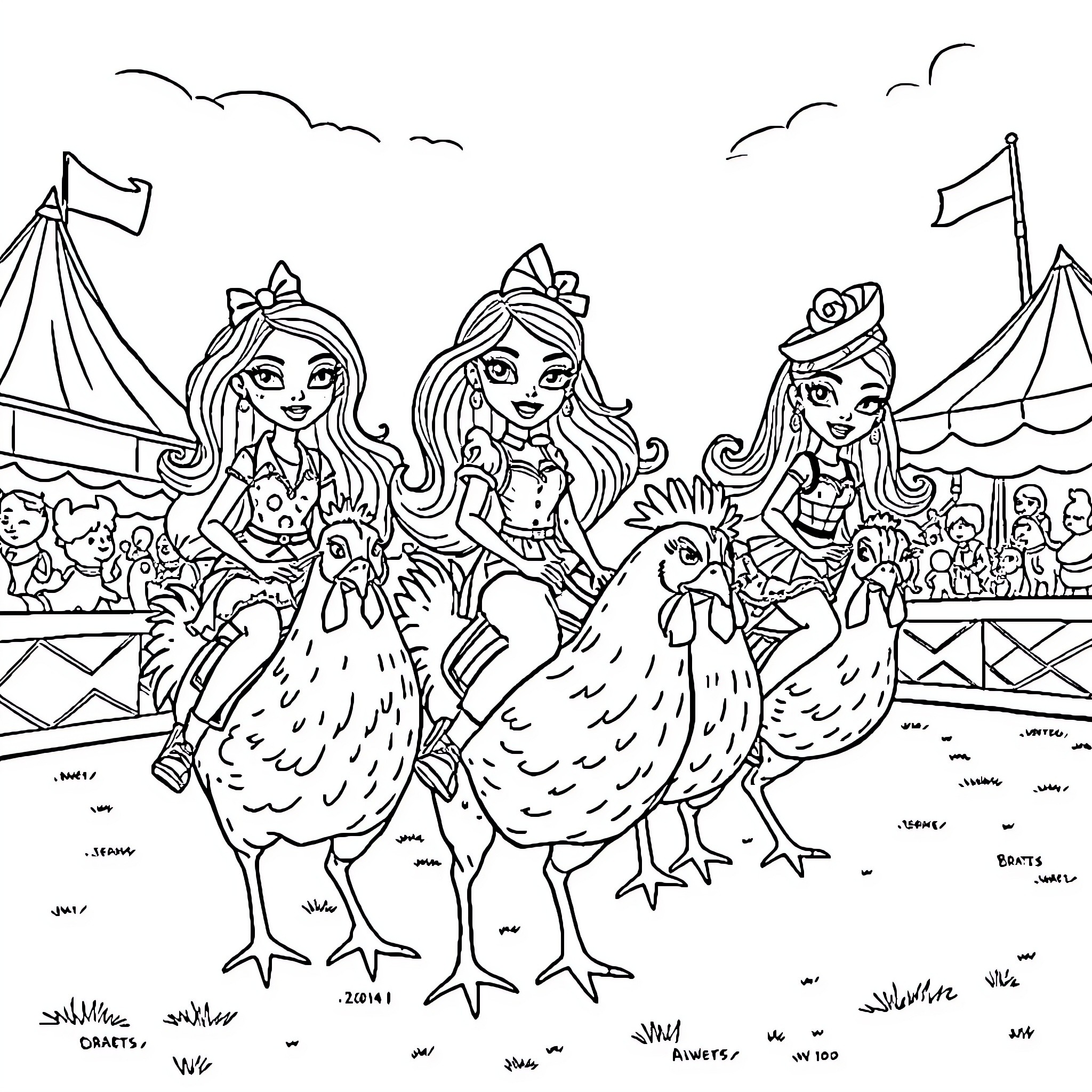 Bratz Dolls playing with chickens at the carnival Coloring Page (free black-and-white line drawing printable PDF for all, from beginners to advanced learners, including children, teens, adults, and seniors)