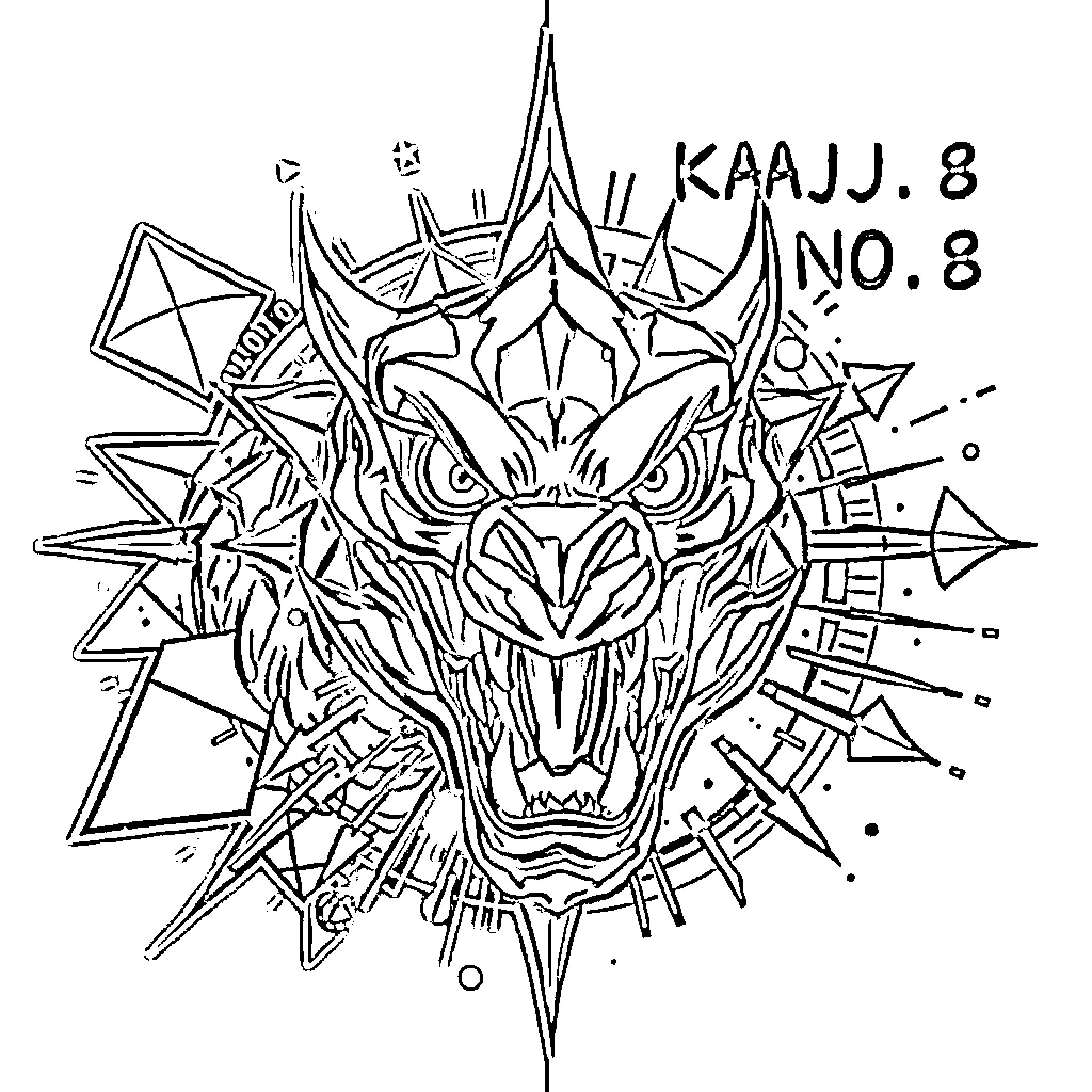 Kaiju creature with fierce expression and abstract design Coloring Page (free black-and-white line drawing printable PDF for all, from beginners to advanced learners, including children, teens, adults, and seniors)