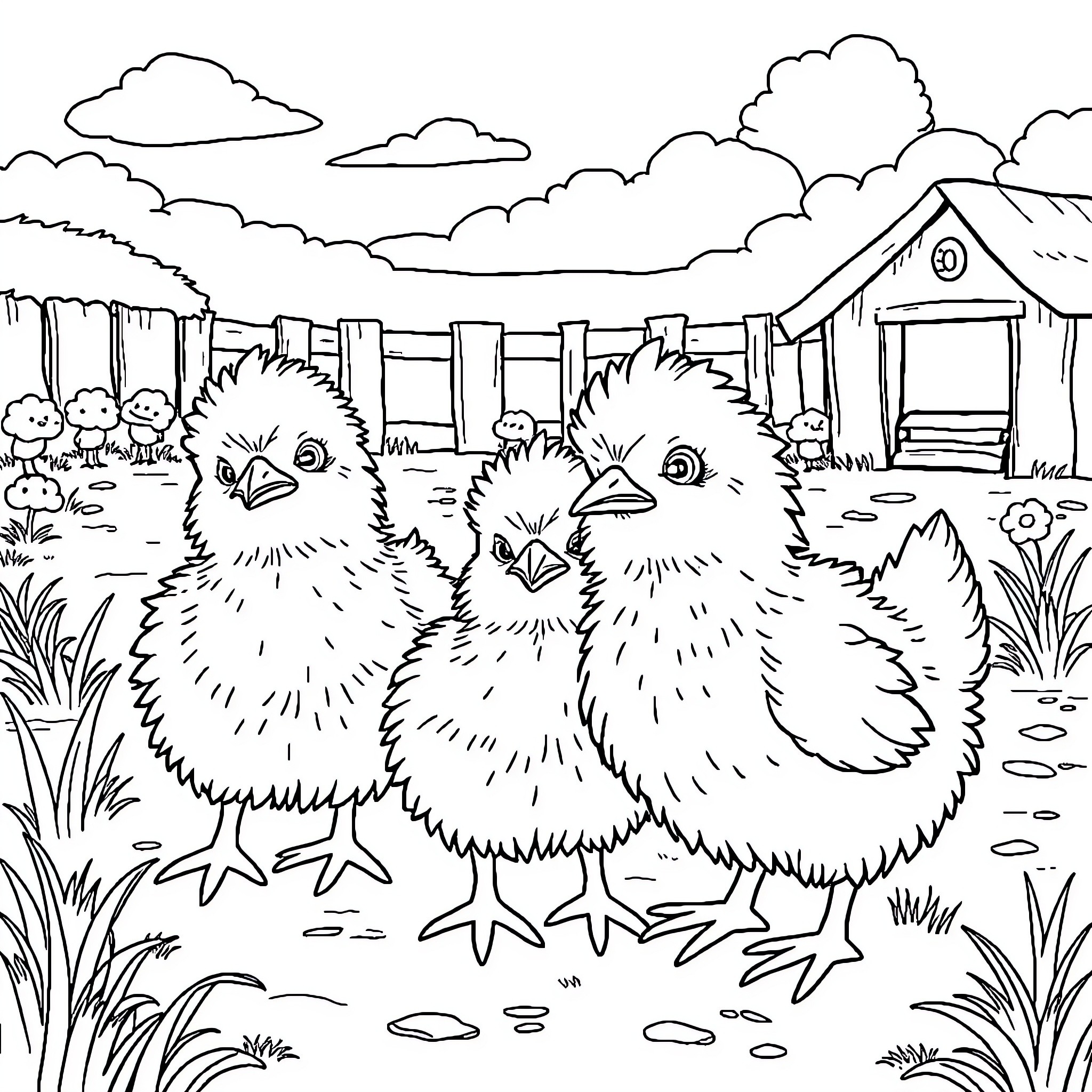 Chicks Exploring the Farmyard Landscape Coloring Page (free black-and-white line drawing printable PDF for all, from beginners to advanced learners, including children, teens, adults, and seniors)