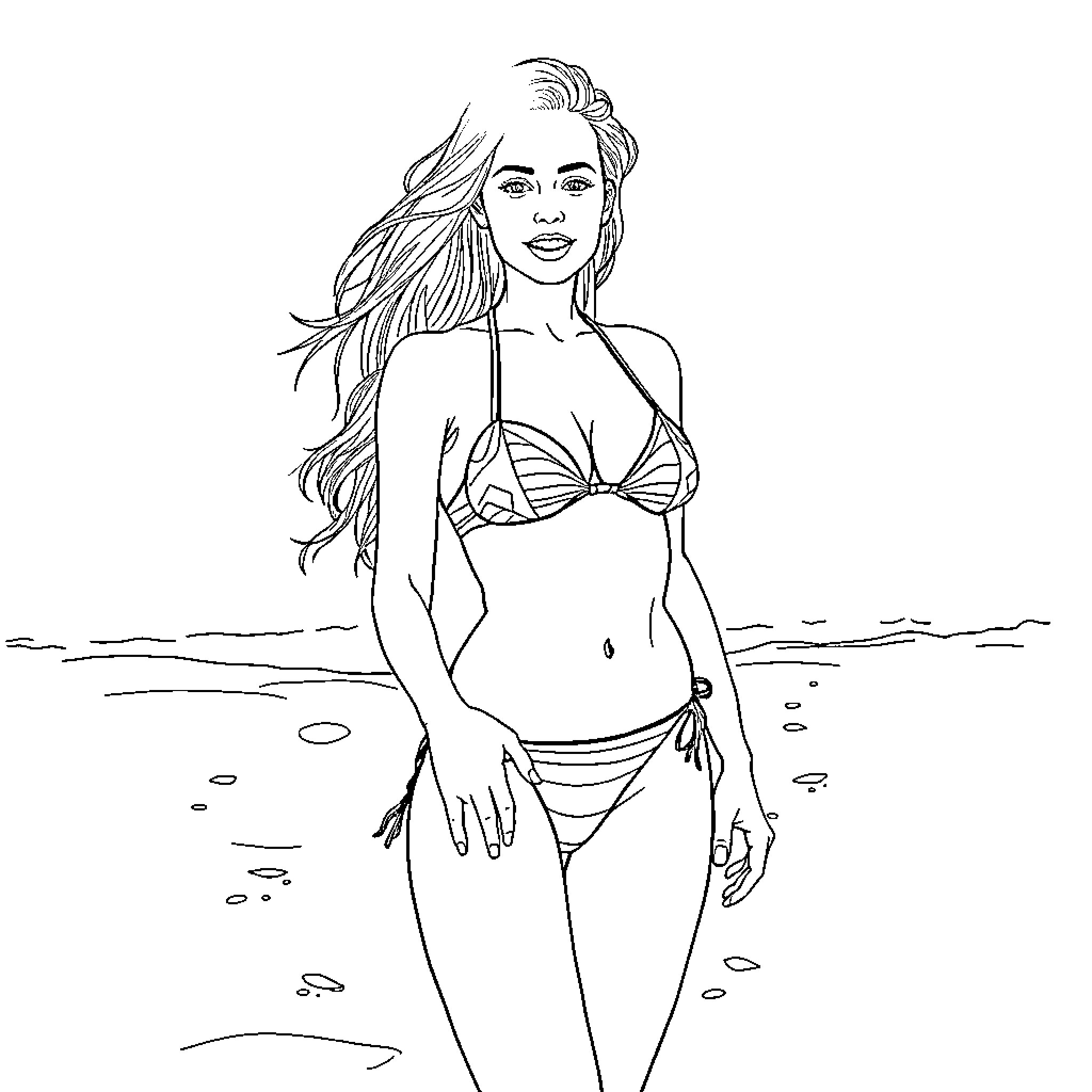 Jennifer Love Hewitt in beachwear posing on the shore Coloring Page (free black-and-white line drawing printable PDF for all, from beginners to advanced learners, including children, teens, adults, and seniors)
