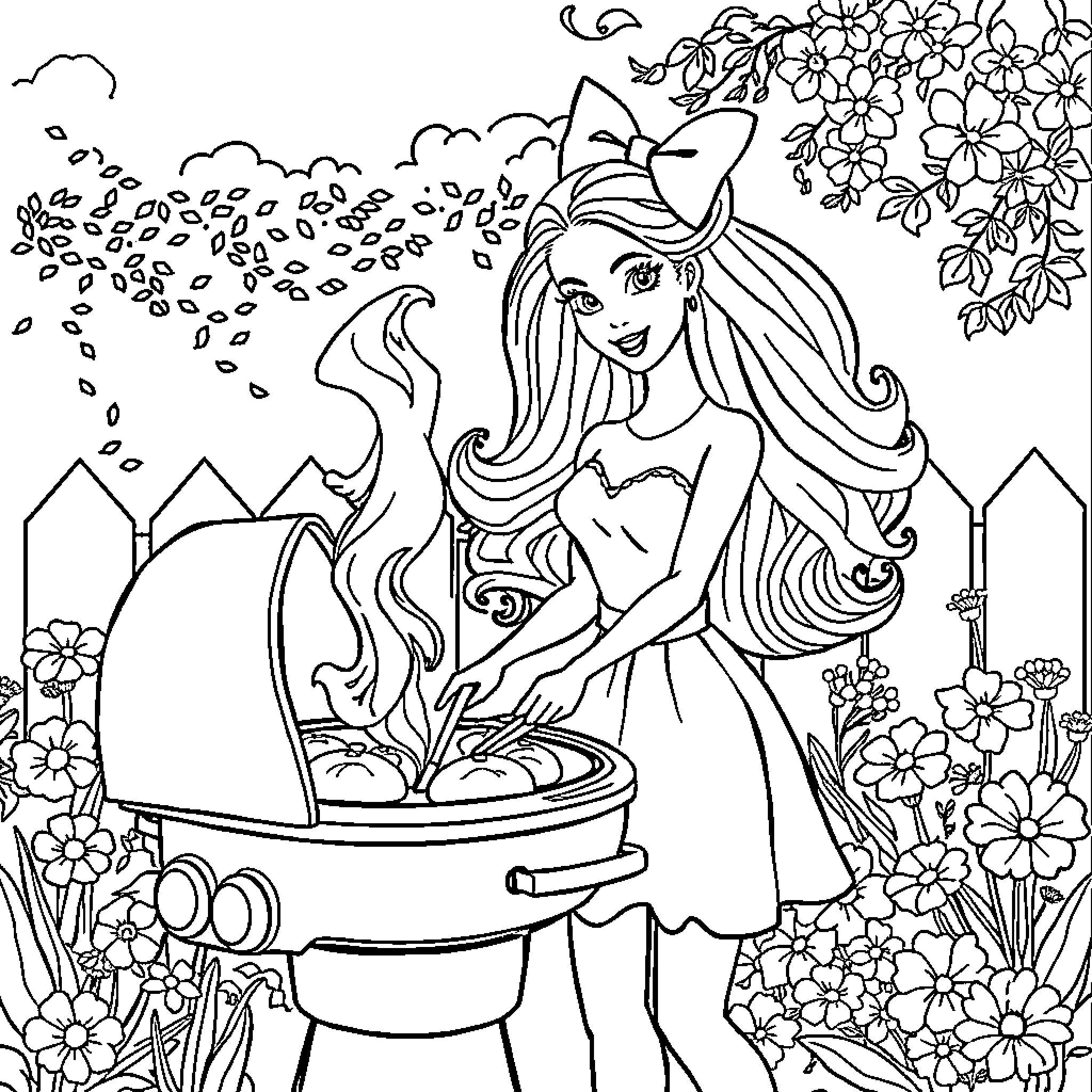 Barbie gardening and enjoying nature Coloring Page (free black-and-white line drawing printable PDF for all, from beginners to advanced learners, including children, teens, adults, and seniors)