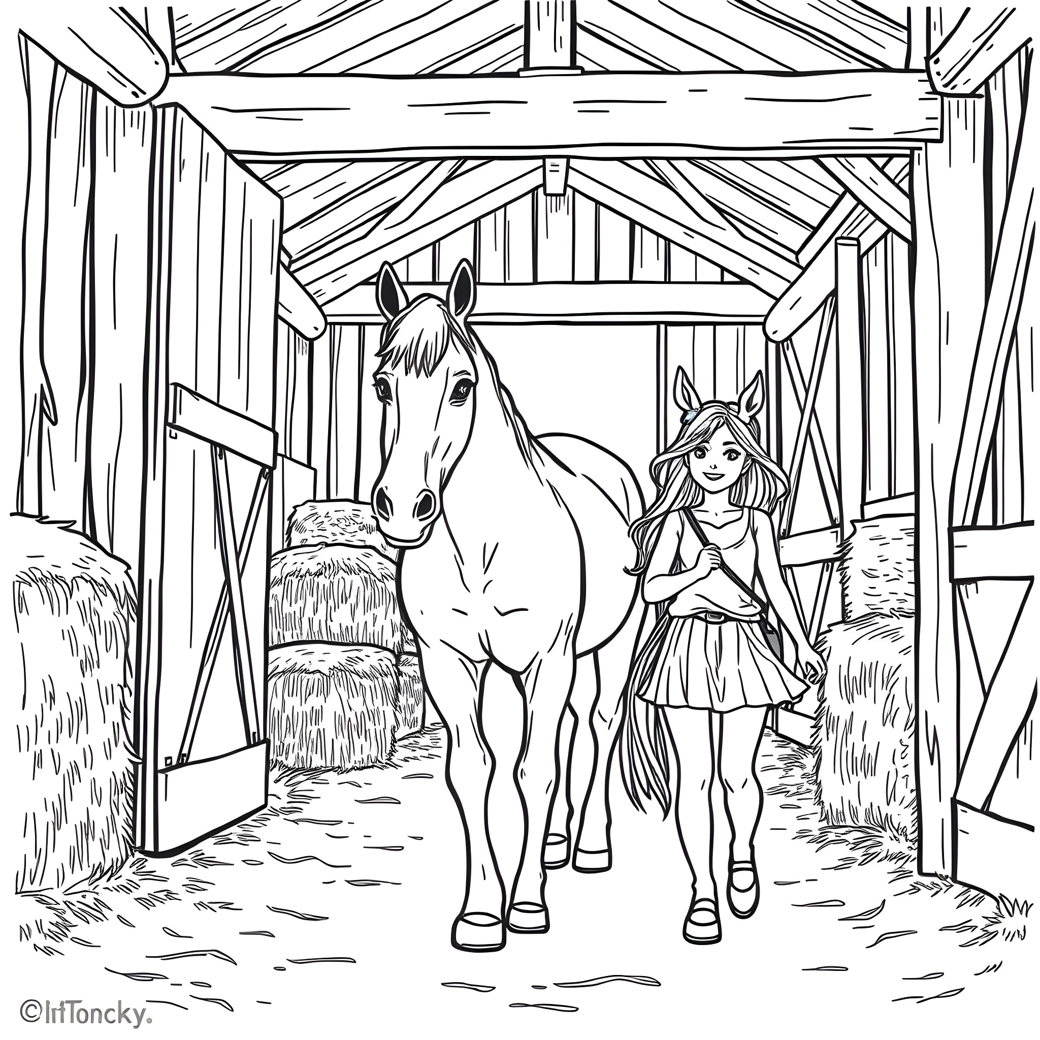 Girl explores the stables with her horse Coloring Page (free black-and-white line drawing printable PDF for all, from beginners to advanced learners, including children, teens, adults, and seniors)
