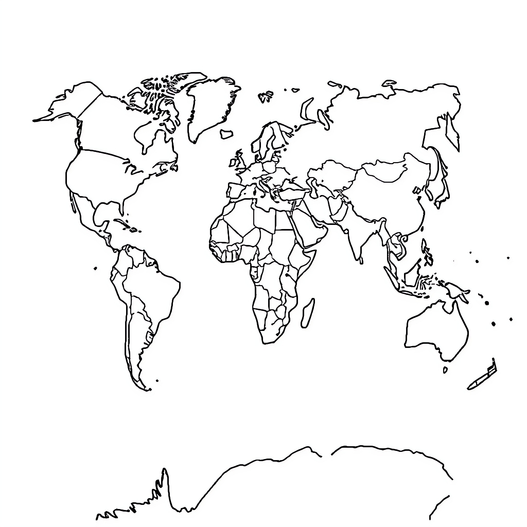 World Map of Continents and Countries Coloring Page (free black-and-white line drawing printable PDF for all, from beginners to advanced learners, including children, teens, adults, and seniors)