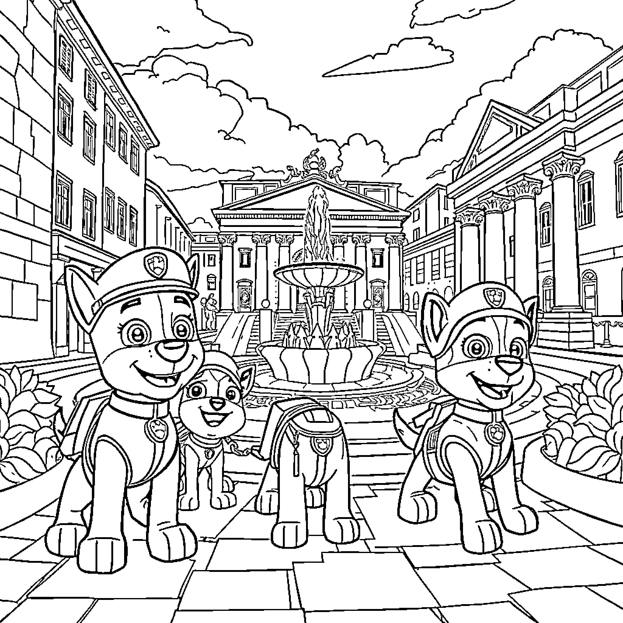 Paw Patrol Characters Exploring Cityscape Coloring Page (free black-and-white line drawing printable PDF for all, from beginners to advanced learners, including children, teens, adults, and seniors)
