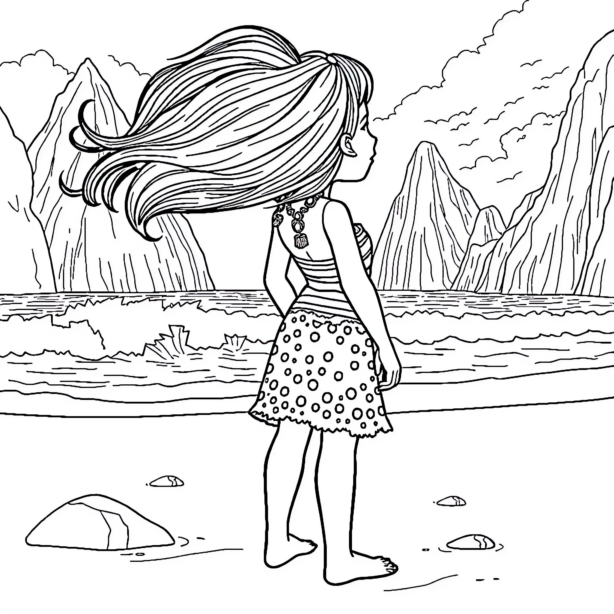 Moana exploring the tropical paradise Coloring Page (free black-and-white line drawing printable PDF for all, from beginners to advanced learners, including children, teens, adults, and seniors)