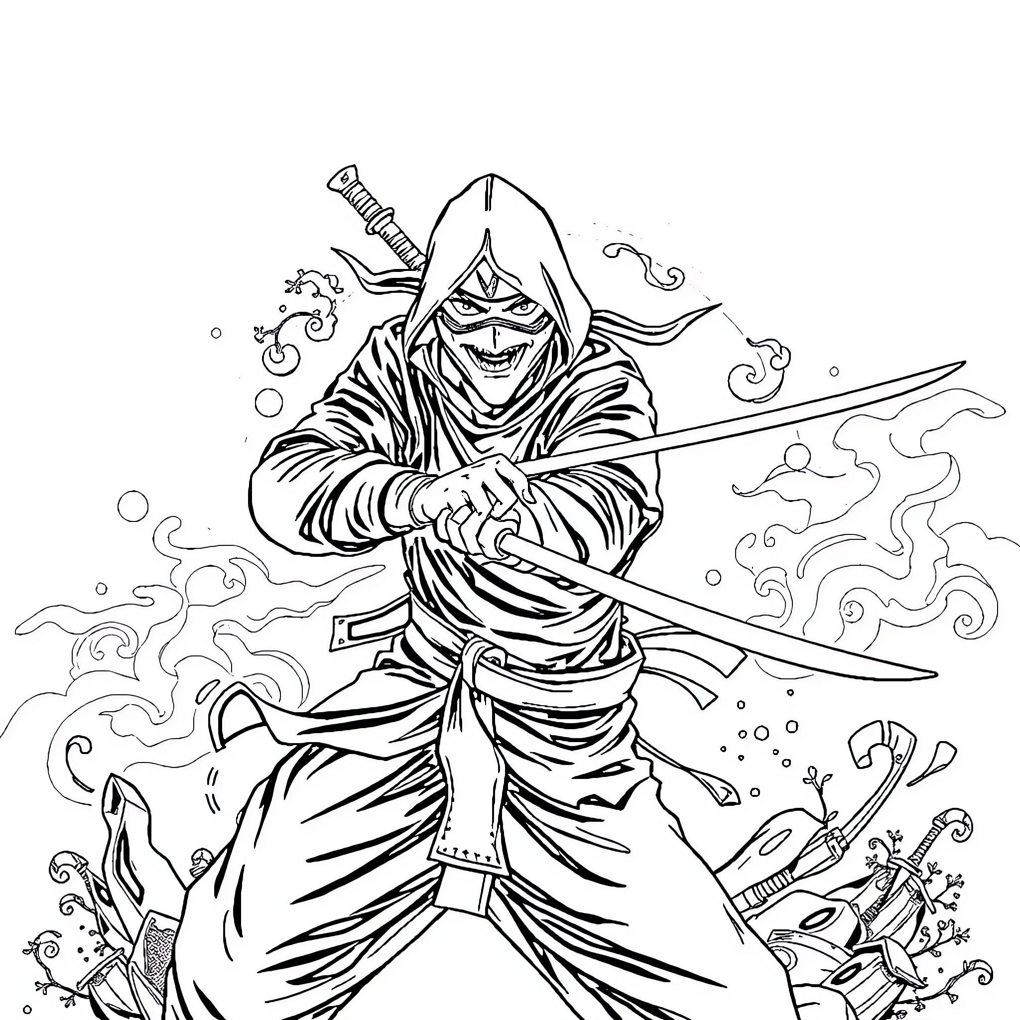 Ninja Warrior Wielding Sword in Magical Mist Coloring Page (free black-and-white line drawing printable PDF for all, from beginners to advanced learners, including children, teens, adults, and seniors)