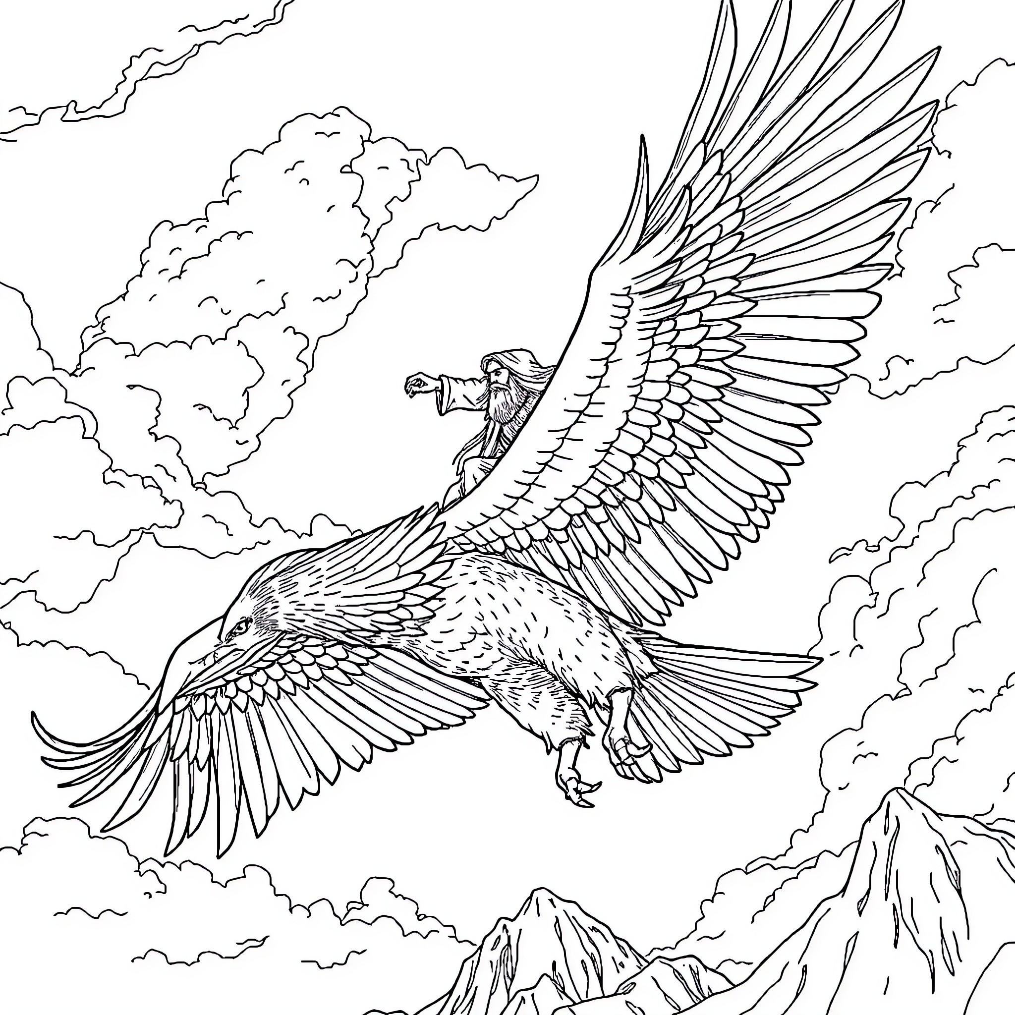 Gandalf soaring on a majestic eagle over clouds Coloring Page (free black-and-white line drawing printable PDF for all, from beginners to advanced learners, including children, teens, adults, and seniors)
