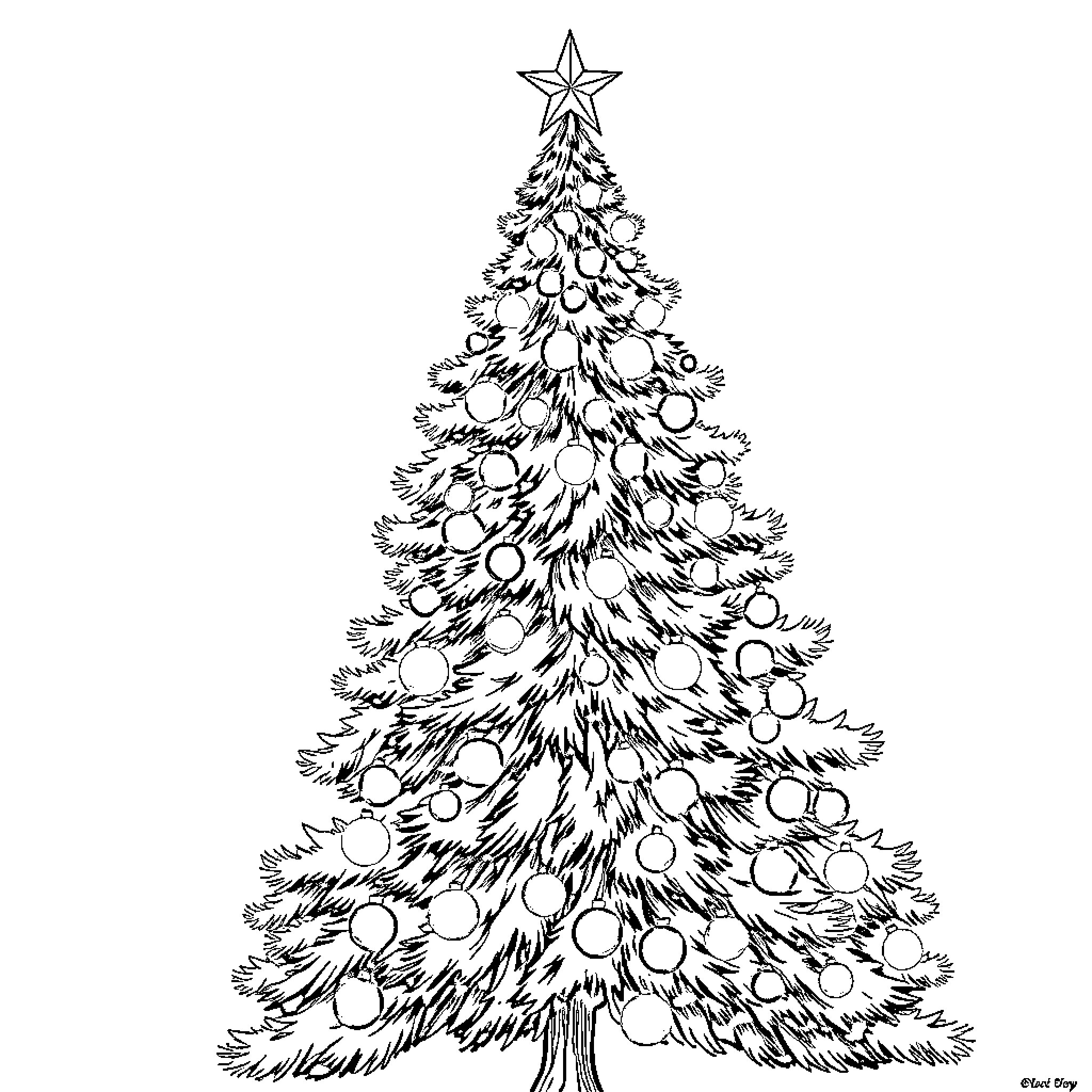 Christmas Tree adorned with decorations and a shining star Coloring Page (free black-and-white line drawing printable PDF for all, from beginners to advanced learners, including children, teens, adults, and seniors)