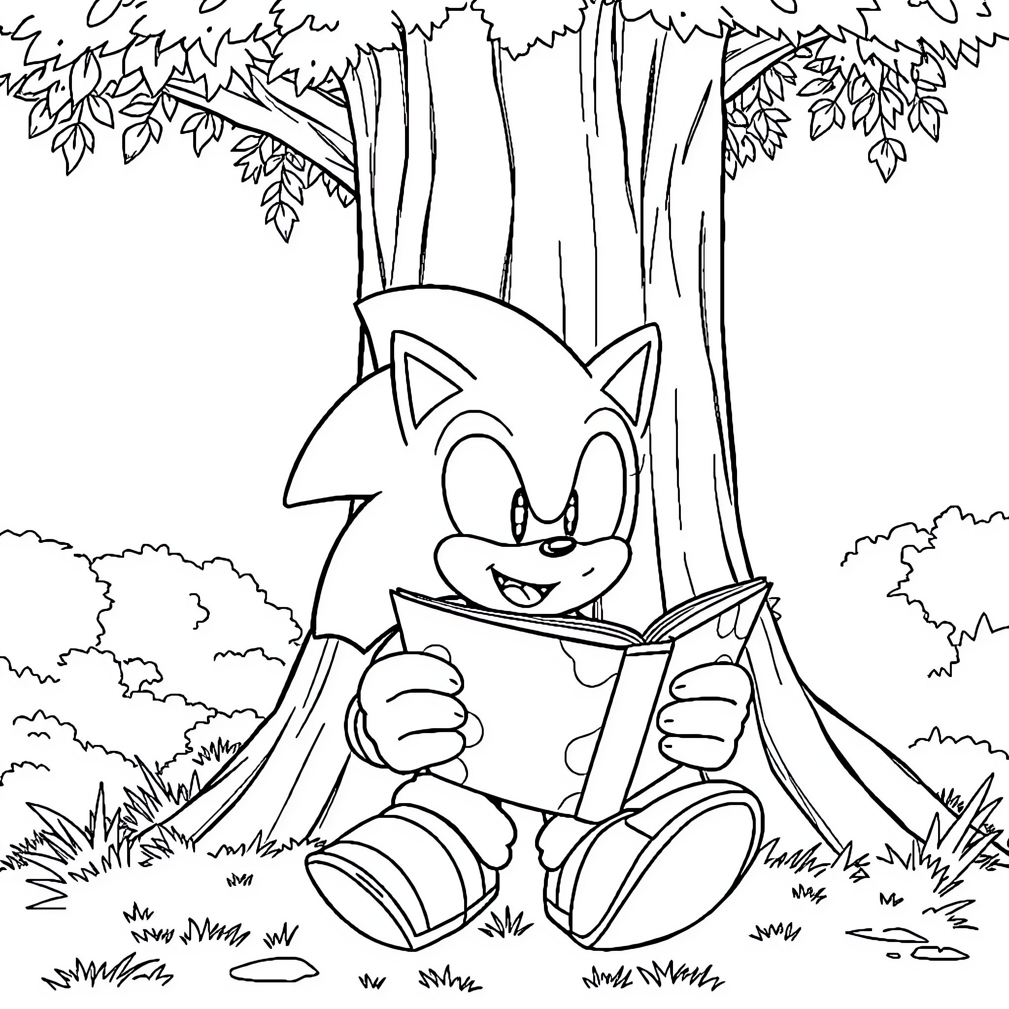 Sonic Relaxing and Reading in Forest Coloring Page (free black-and-white line drawing printable PDF for all, from beginners to advanced learners, including children, teens, adults, and seniors)