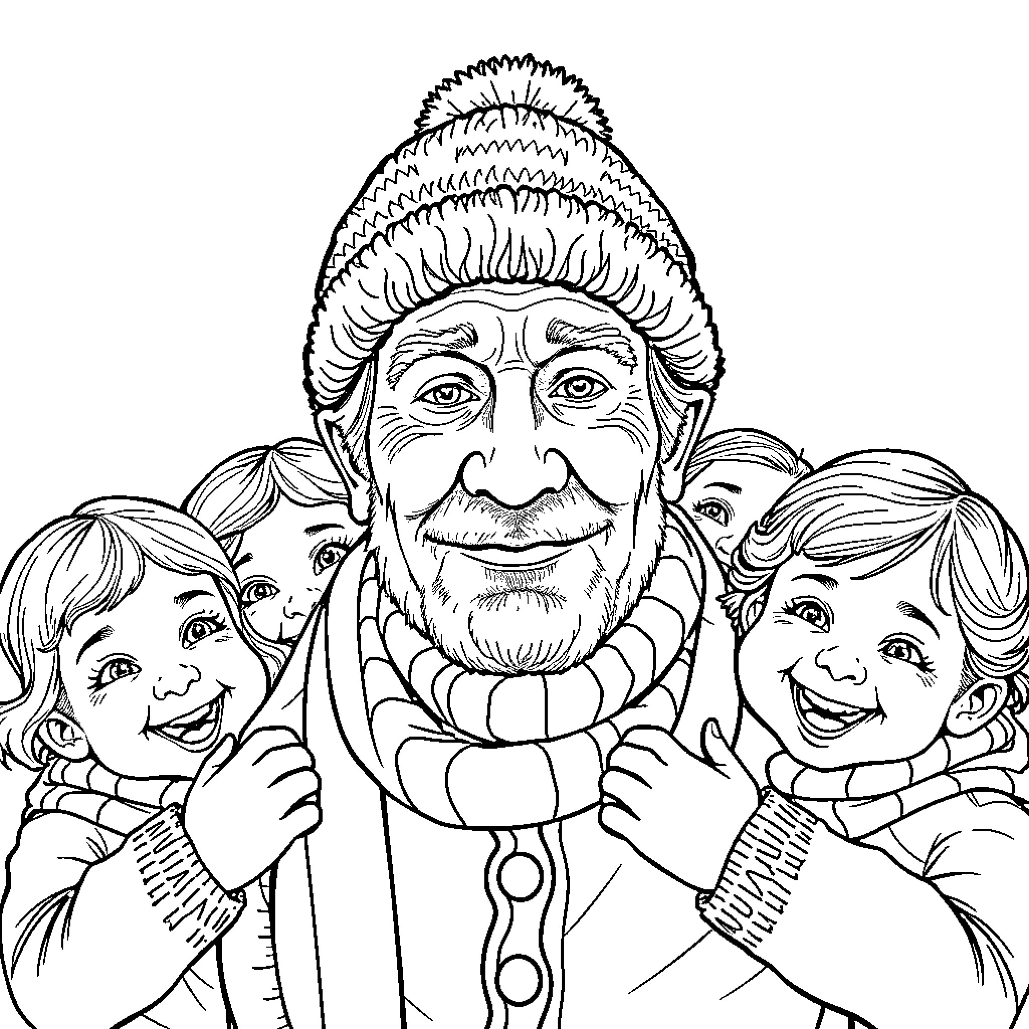 Grandparent with two smiling grandchildren Coloring Page (free black-and-white line drawing printable PDF for all, from beginners to advanced learners, including children, teens, adults, and seniors)