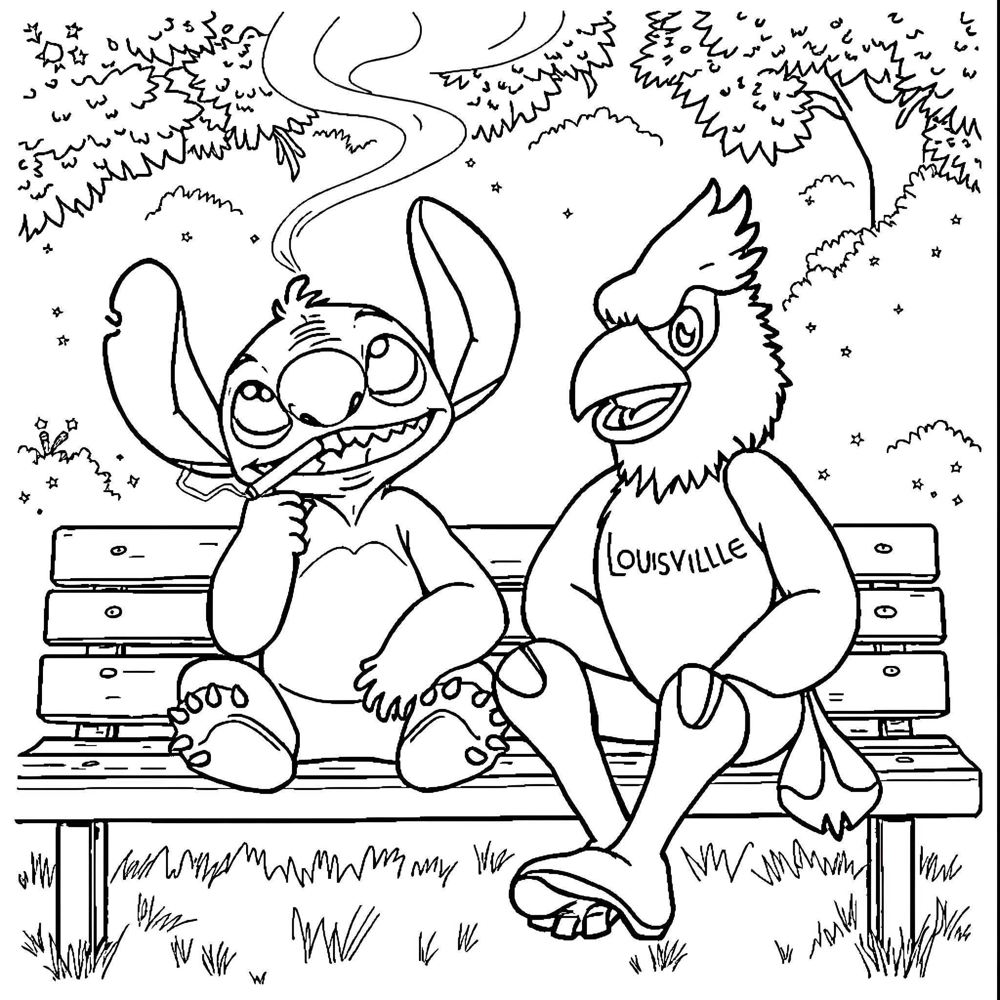 Stitch and parrot enjoying a park bench Coloring Page (free black-and-white line drawing printable PDF for all, from beginners to advanced learners, including children, teens, adults, and seniors)