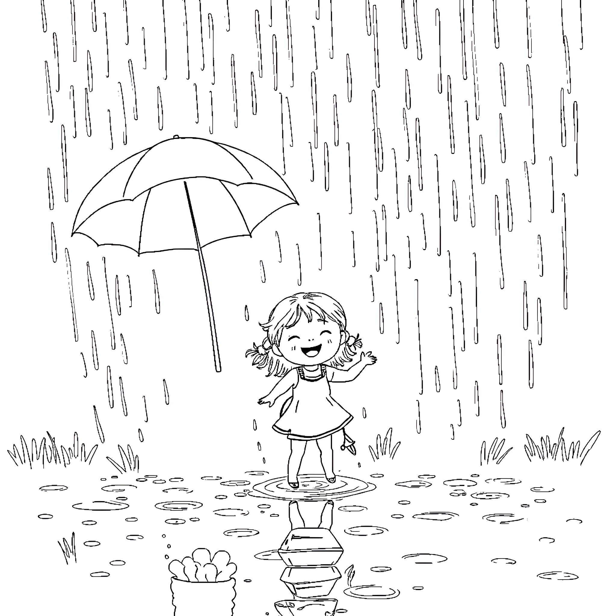 Child playing joyfully in the rain with umbrella Coloring Page (free black-and-white line drawing printable PDF for all, from beginners to advanced learners, including children, teens, adults, and seniors)