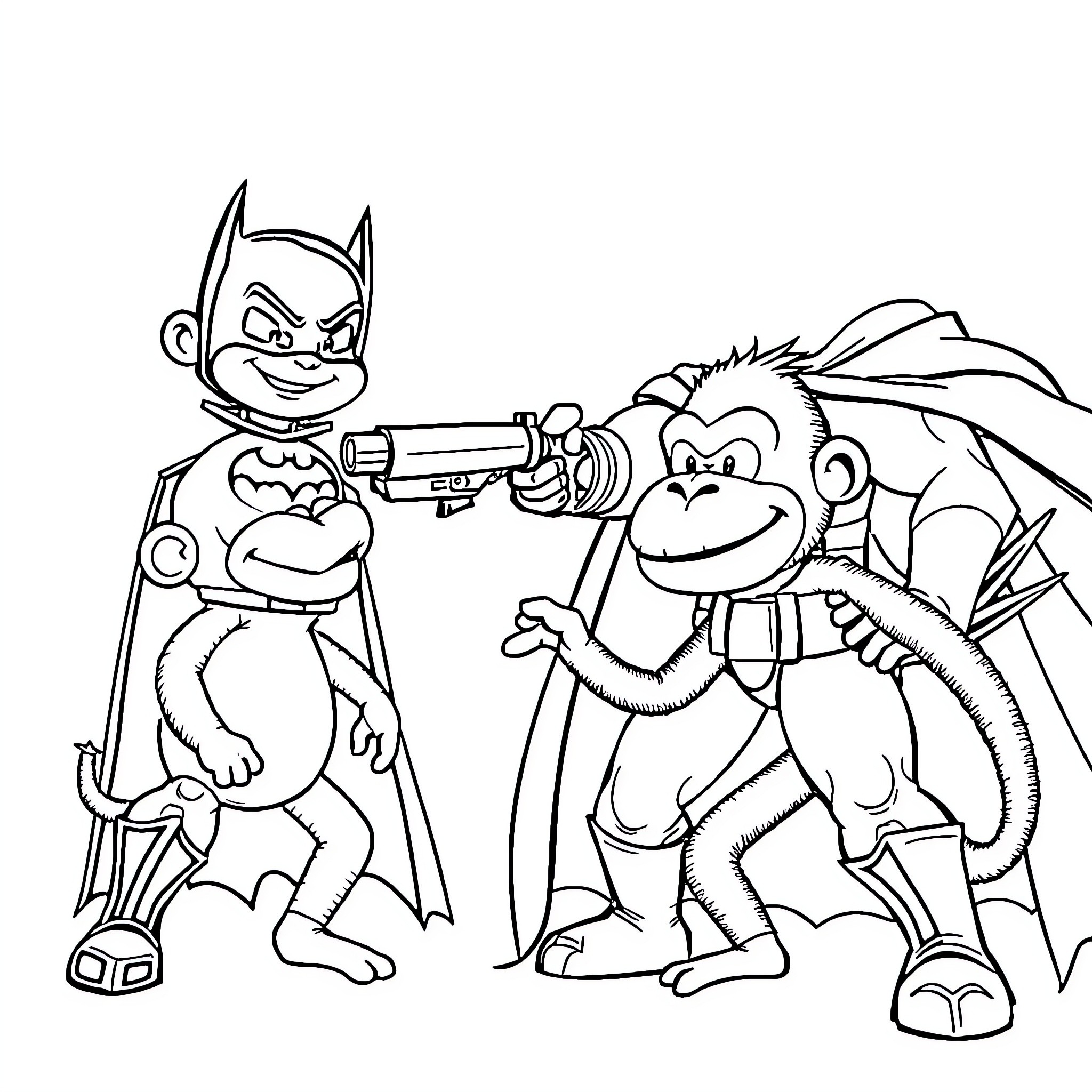 Batman Confronting Mischievous Monkeys in Adventurous Encounter Coloring Page (free black-and-white line drawing printable PDF for all, from beginners to advanced learners, including children, teens, adults, and seniors)