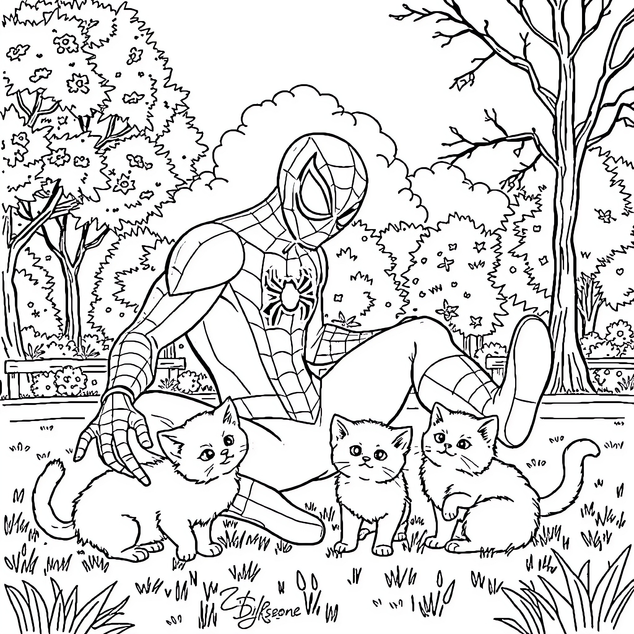 Spiderman interacts with adorable kittens in the park Coloring Page (free black-and-white line drawing printable PDF for all, from beginners to advanced learners, including children, teens, adults, and seniors)