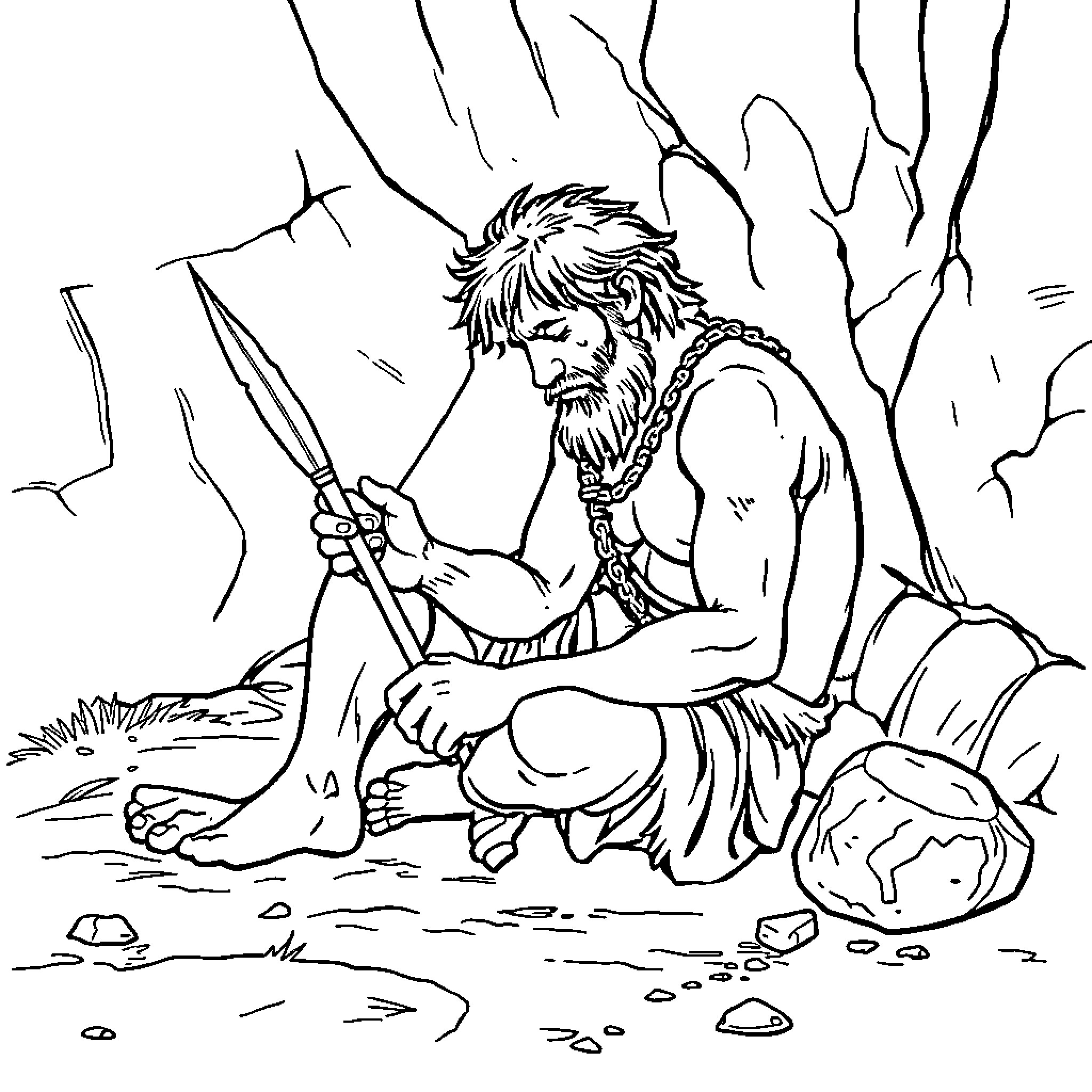 Man wielding spear in rugged wilderness Coloring Page (free black-and-white line drawing printable PDF for all, from beginners to advanced learners, including children, teens, adults, and seniors)