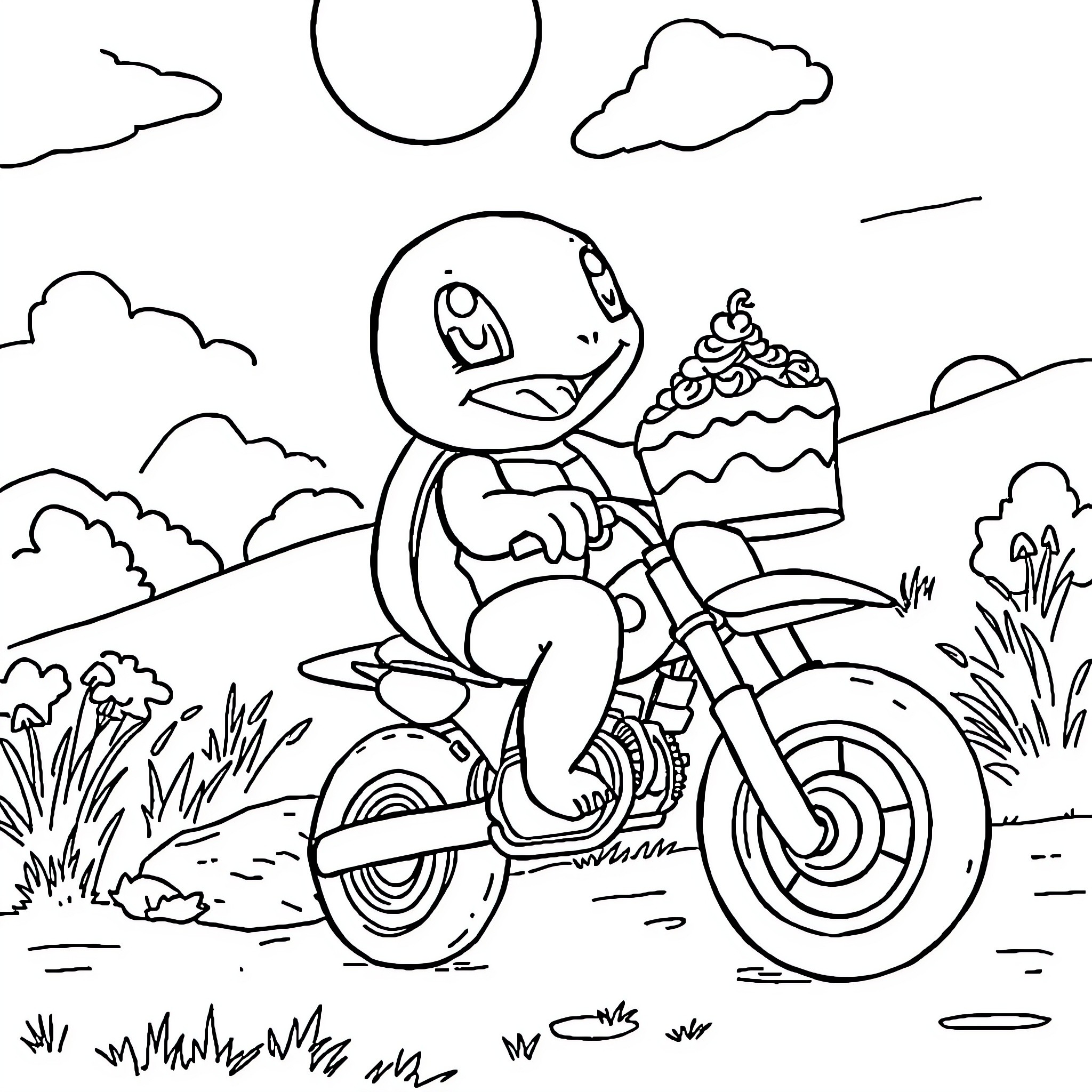 Squirtle riding a motorcycle with a cake Coloring Page (free black-and-white line drawing printable PDF for all, from beginners to advanced learners, including children, teens, adults, and seniors)