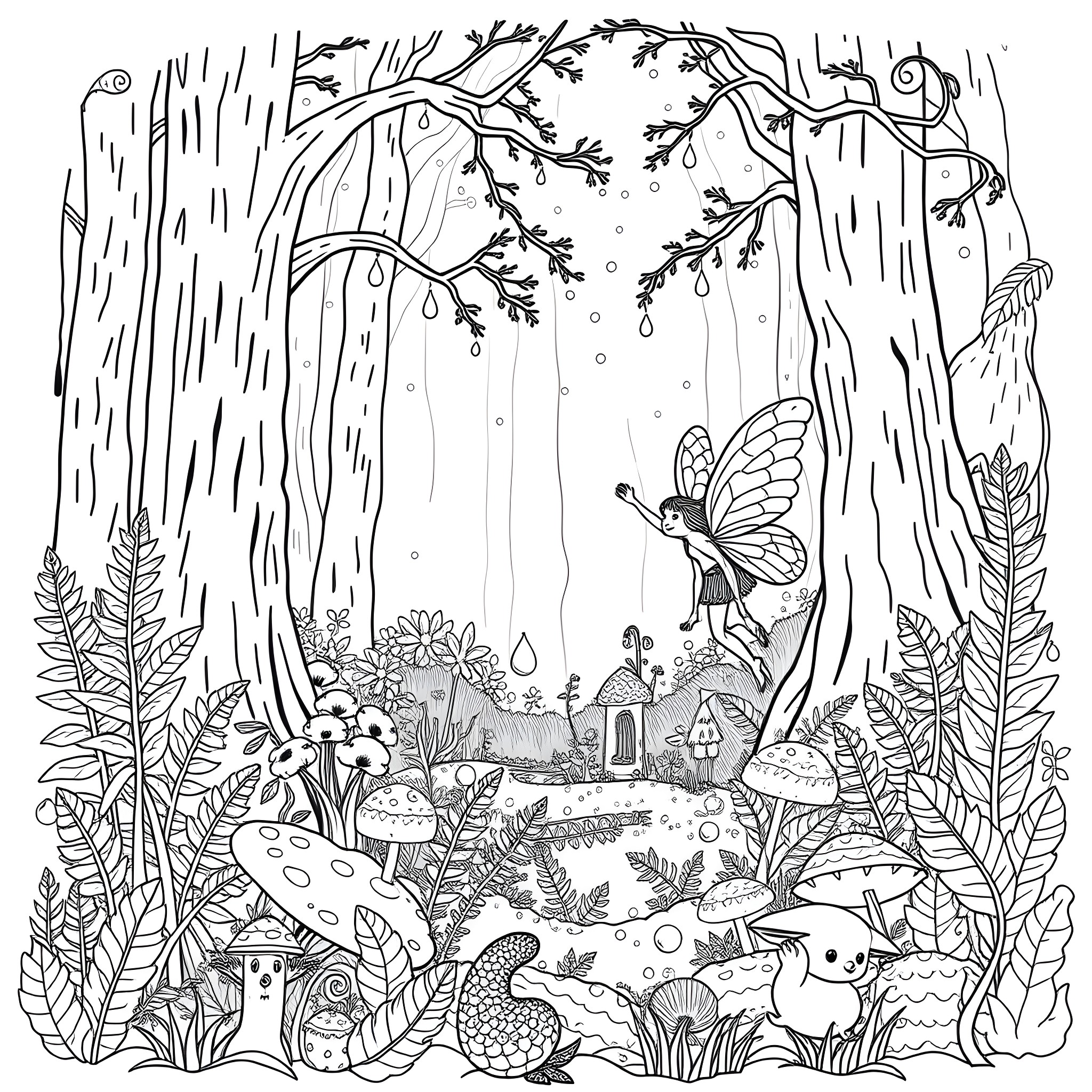 Mushroom forest with fairy and creatures Coloring Page (free black-and-white line drawing printable PDF for all, from beginners to advanced learners, including children, teens, adults, and seniors)