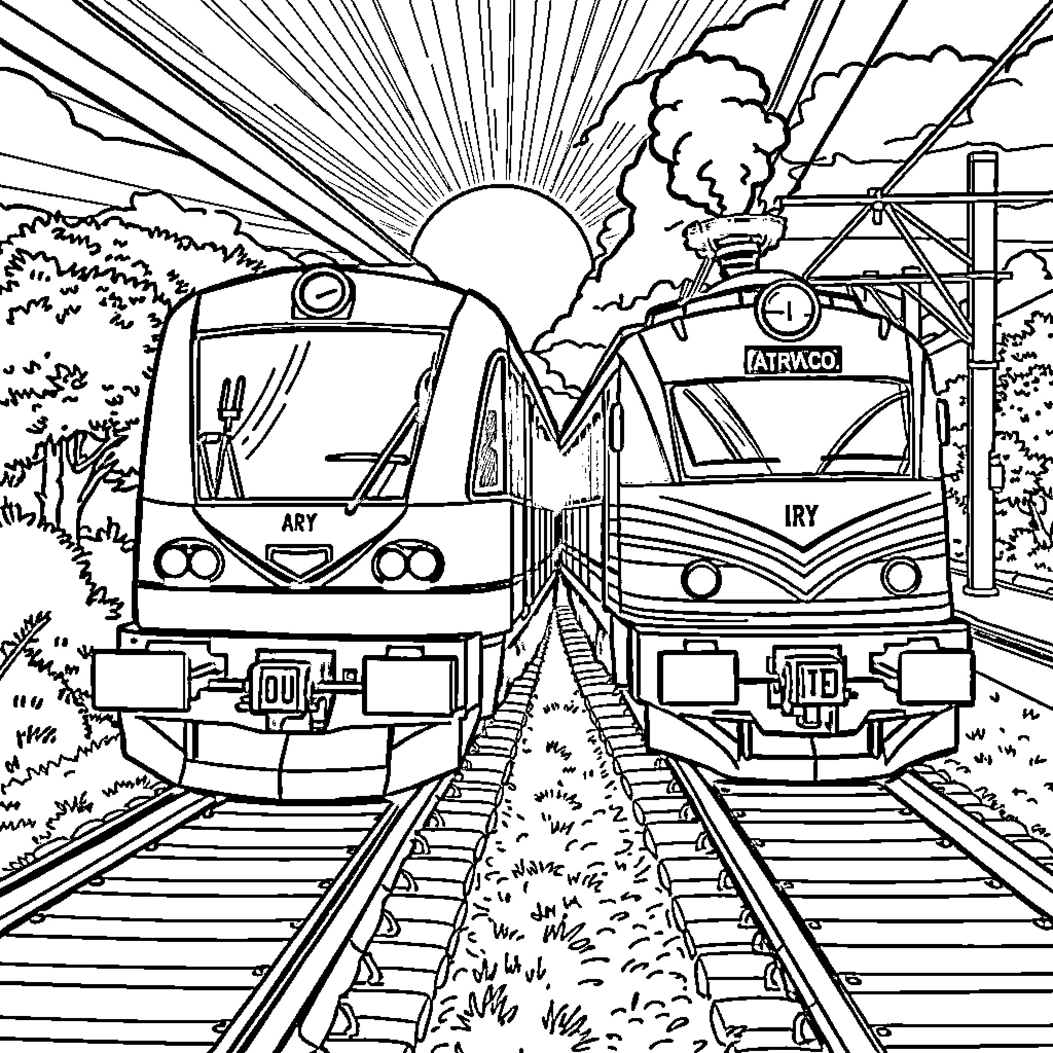 Train Approaching Crossing with Smoke and Sunshine Coloring Page (free black-and-white line drawing printable PDF for all, from beginners to advanced learners, including children, teens, adults, and seniors)