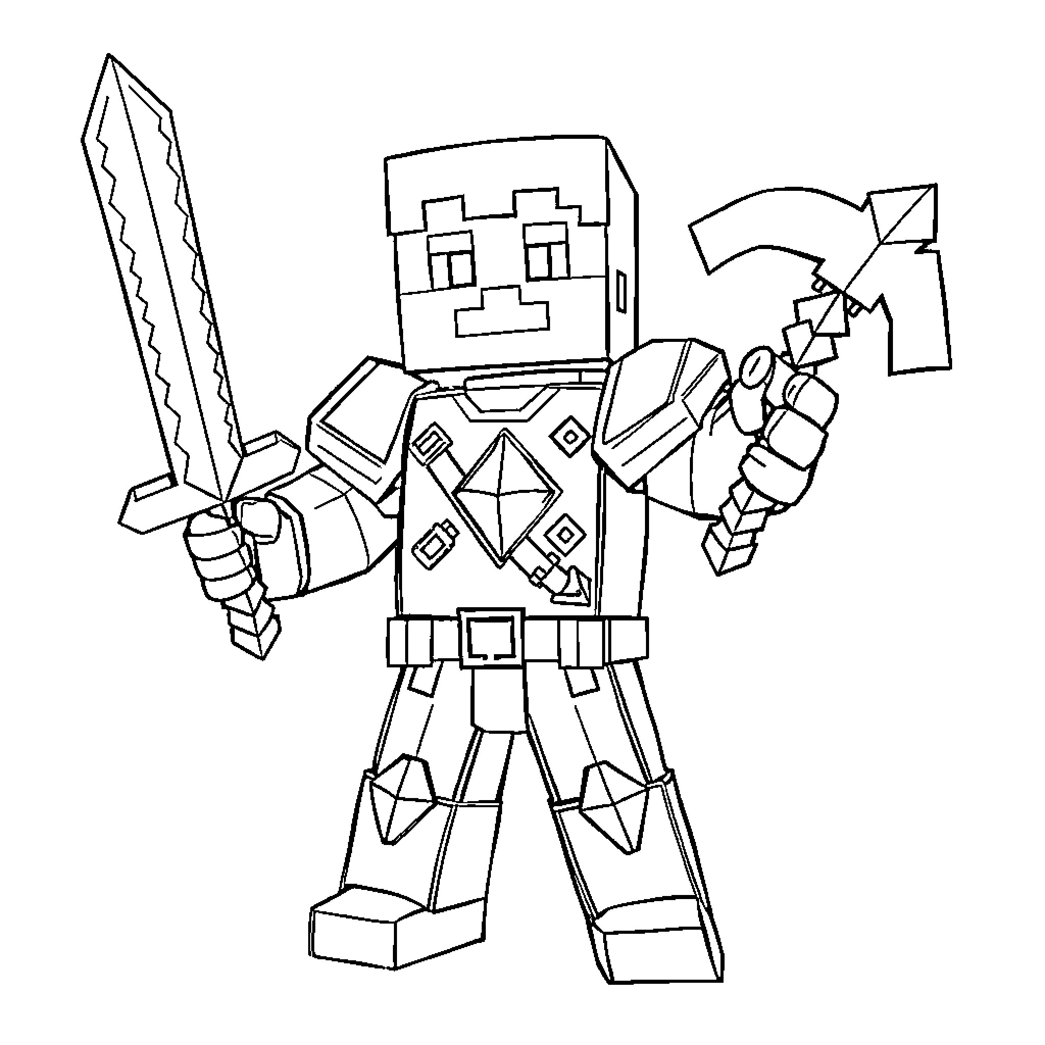 Minecraft Steve wielding sword and shield Coloring Page (free black-and-white line drawing printable PDF for all, from beginners to advanced learners, including children, teens, adults, and seniors)