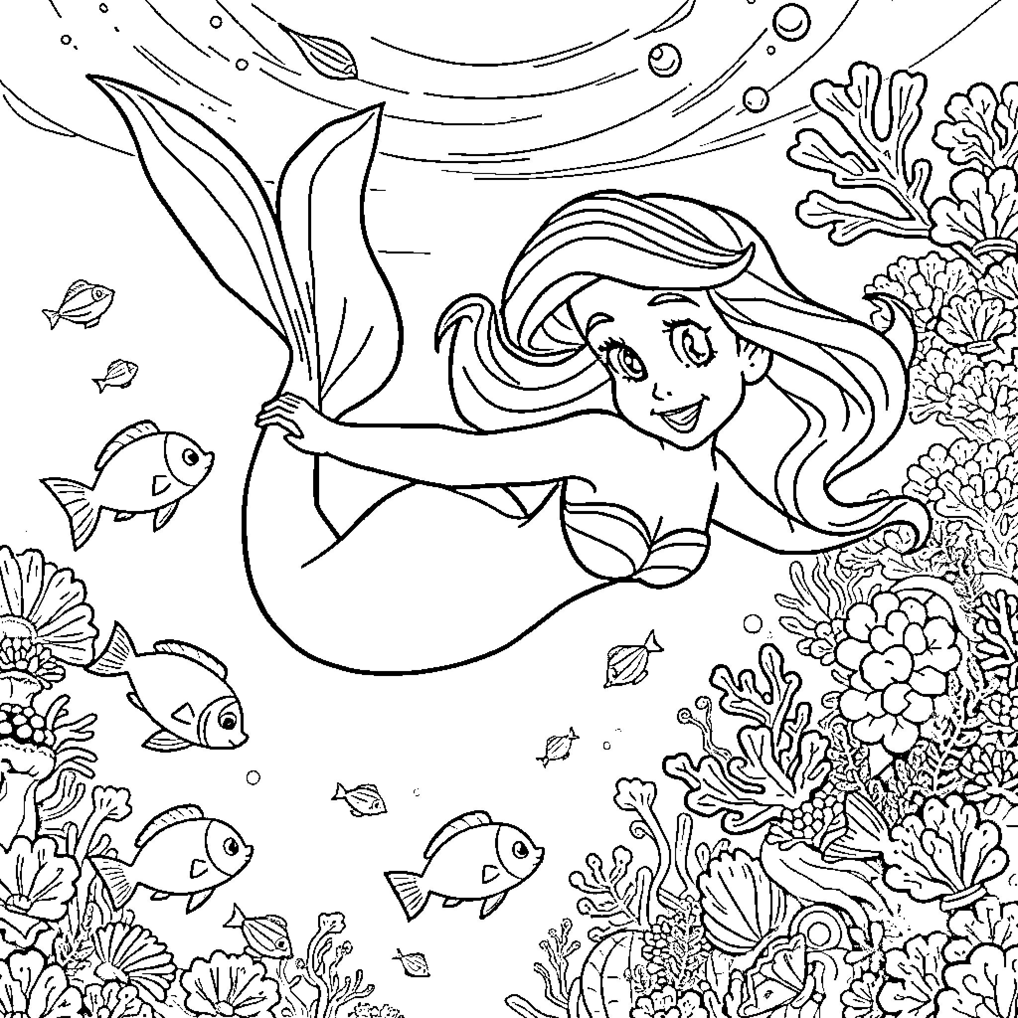 Princess Ariel swimming with marine life in the ocean Coloring Page (free black-and-white line drawing printable PDF for all, from beginners to advanced learners, including children, teens, adults, and seniors)
