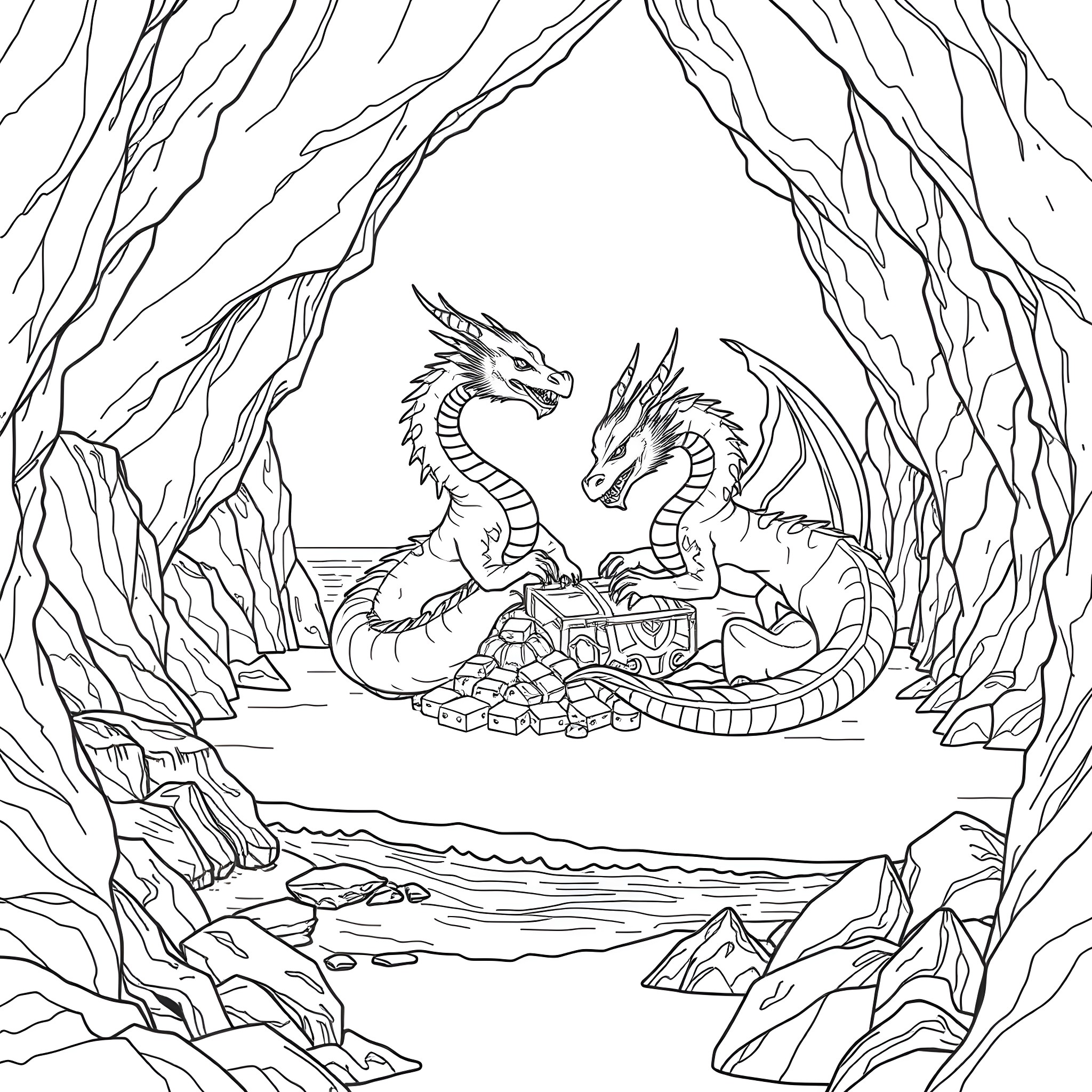 Dragon guardians protecting a treasure trove in a mystical cave Coloring Page (free black-and-white line drawing printable PDF for all, from beginners to advanced learners, including children, teens, adults, and seniors)