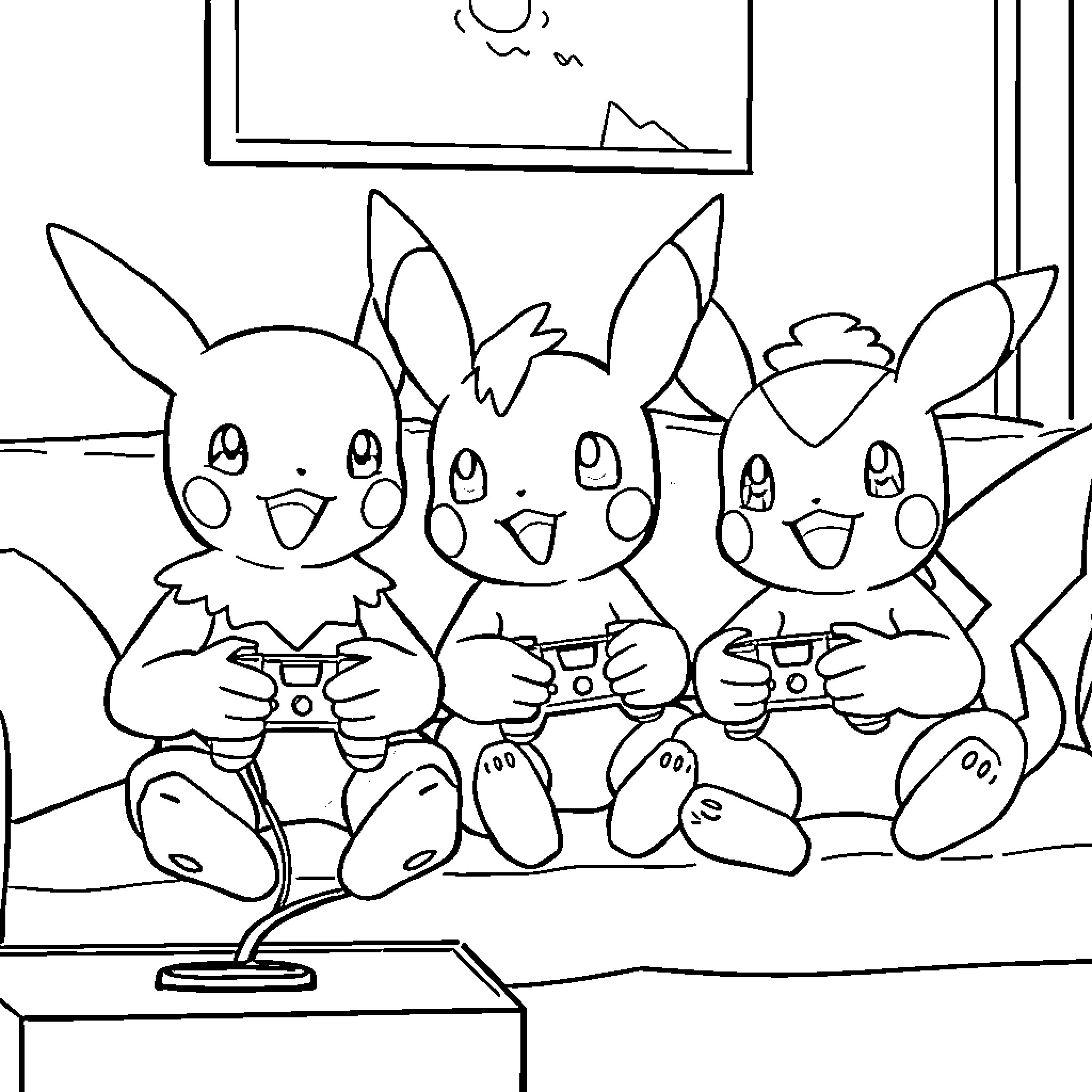 Pokémon characters playing video games together Coloring Page (free black-and-white line drawing printable PDF for all, from beginners to advanced learners, including children, teens, adults, and seniors)