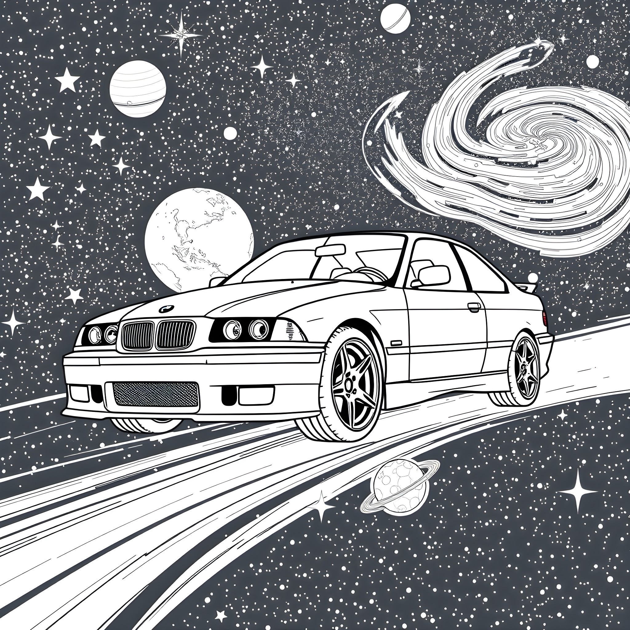 E36 M3 Cosmic Adventure Coloring Page (free black-and-white line drawing printable PDF for all, from beginners to advanced learners, including children, teens, adults, and seniors)