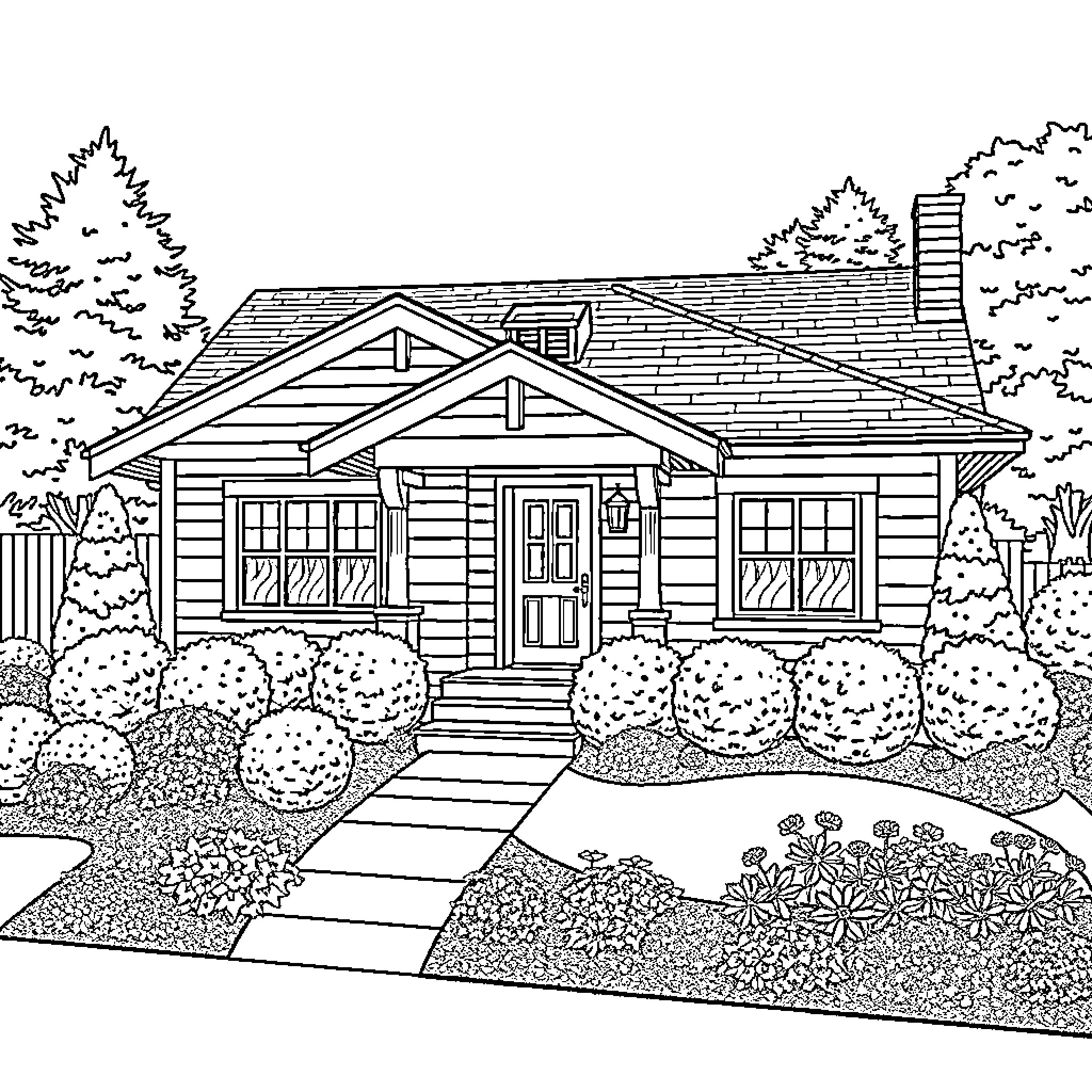 Bungalow with charming landscaping and architectural details Coloring Page (free black-and-white line drawing printable PDF for all, from beginners to advanced learners, including children, teens, adults, and seniors)