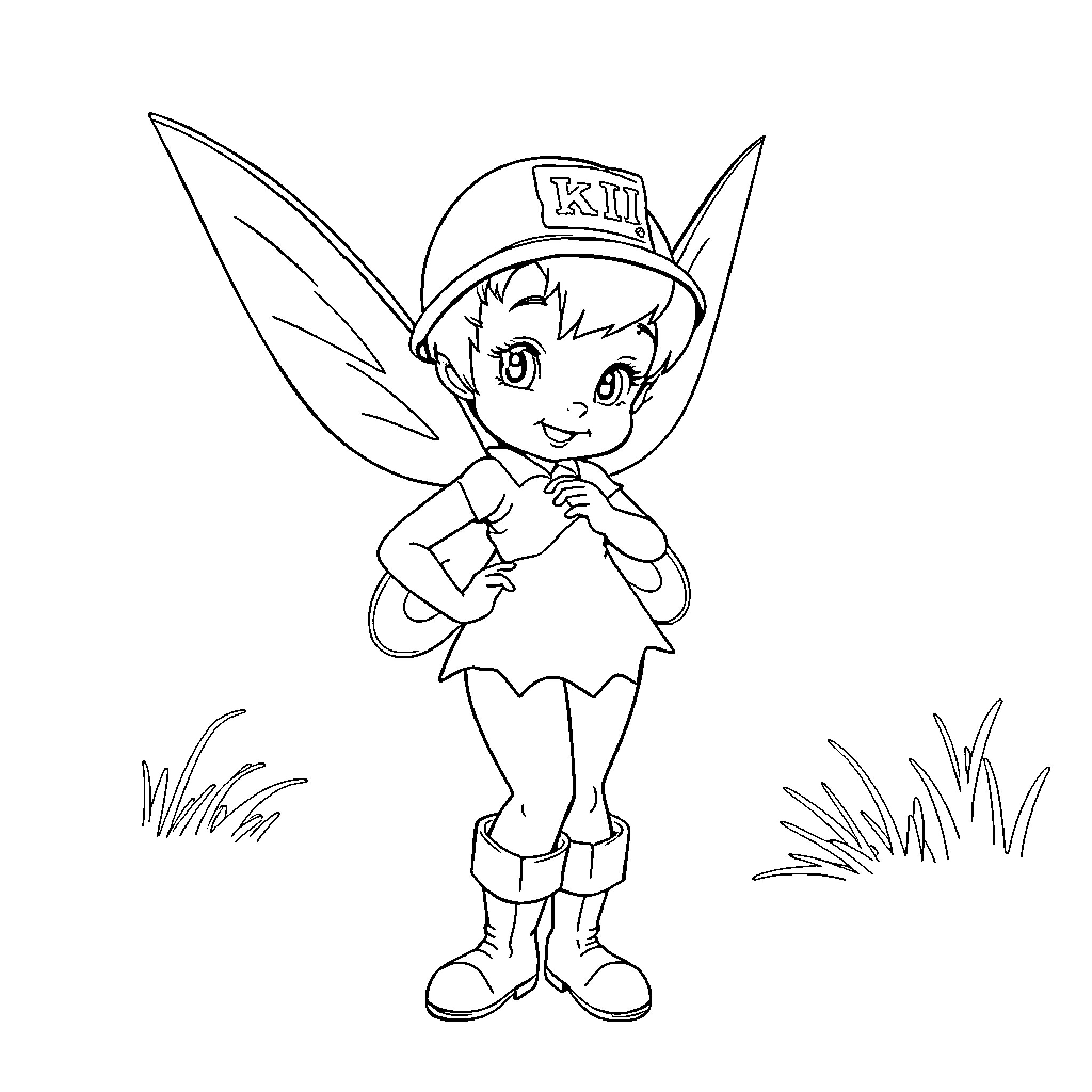 Tinkerbell as a young fairy in the meadow Coloring Page (free black-and-white line drawing printable PDF for all, from beginners to advanced learners, including children, teens, adults, and seniors)