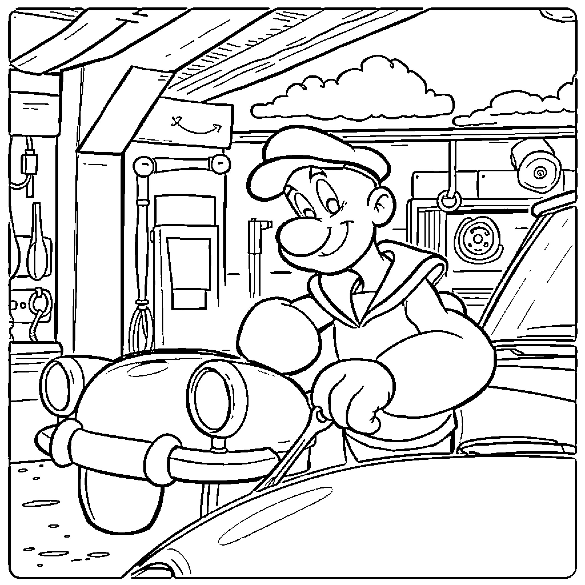 Popeye's Nautical Adventures in His Workshop Coloring Page (free black-and-white line drawing printable PDF for all, from beginners to advanced learners, including children, teens, adults, and seniors)
