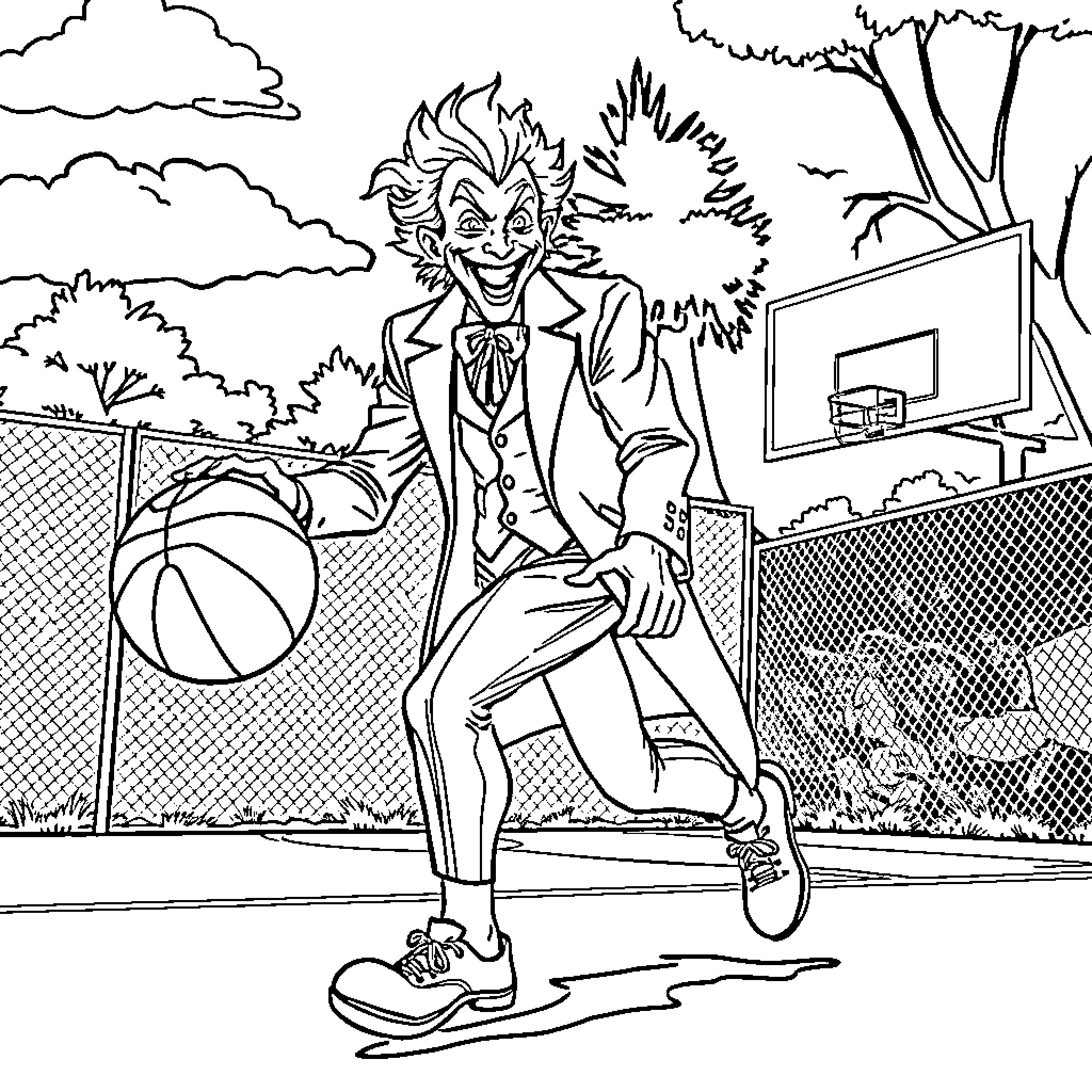 Joker's Mischievous Basketball Game Coloring Page (free black-and-white line drawing printable PDF for all, from beginners to advanced learners, including children, teens, adults, and seniors)