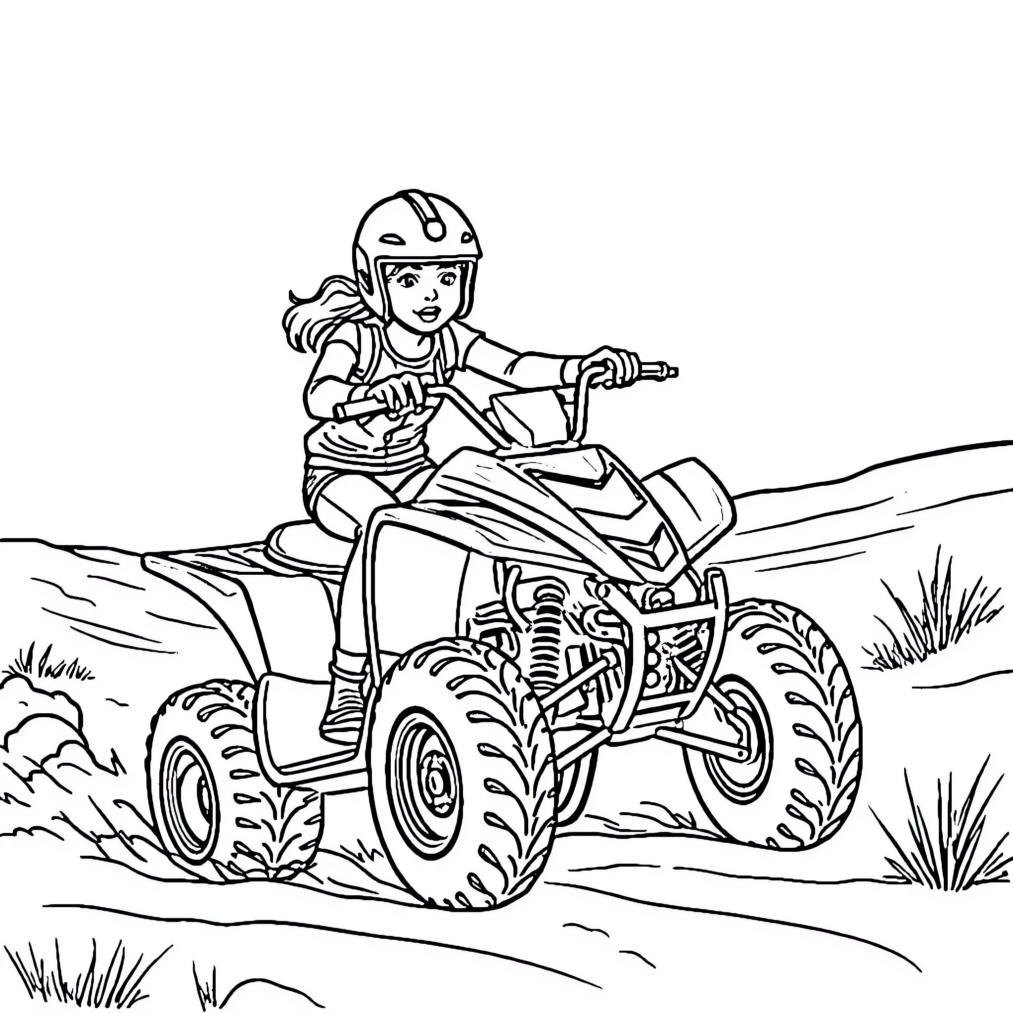 Girl riding an ATV on rough terrain Coloring Page (free black-and-white line drawing printable PDF for all, from beginners to advanced learners, including children, teens, adults, and seniors)