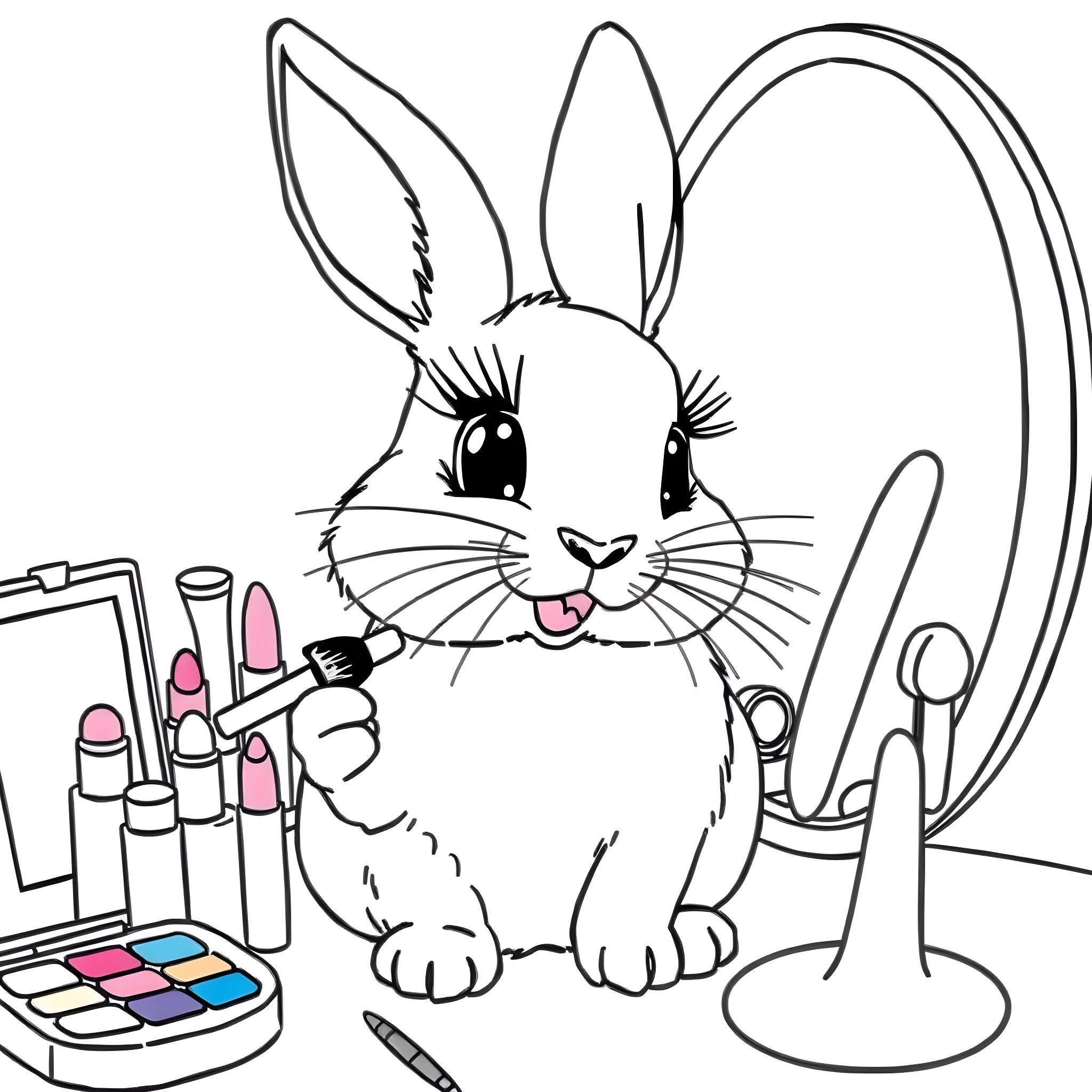 Rabbit beautifying itself in the mirror Coloring Page (free black-and-white line drawing printable PDF for all, from beginners to advanced learners, including children, teens, adults, and seniors)
