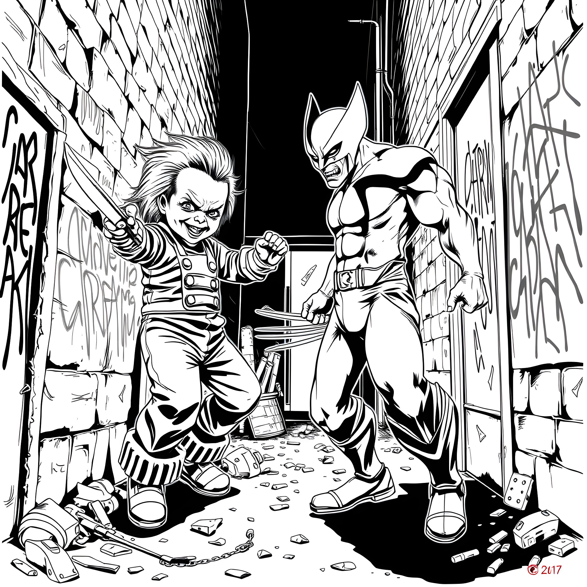 Chucky the Doll in a Showdown with a Superhero Coloring Page (free black-and-white line drawing printable PDF for all, from beginners to advanced learners, including children, teens, adults, and seniors)