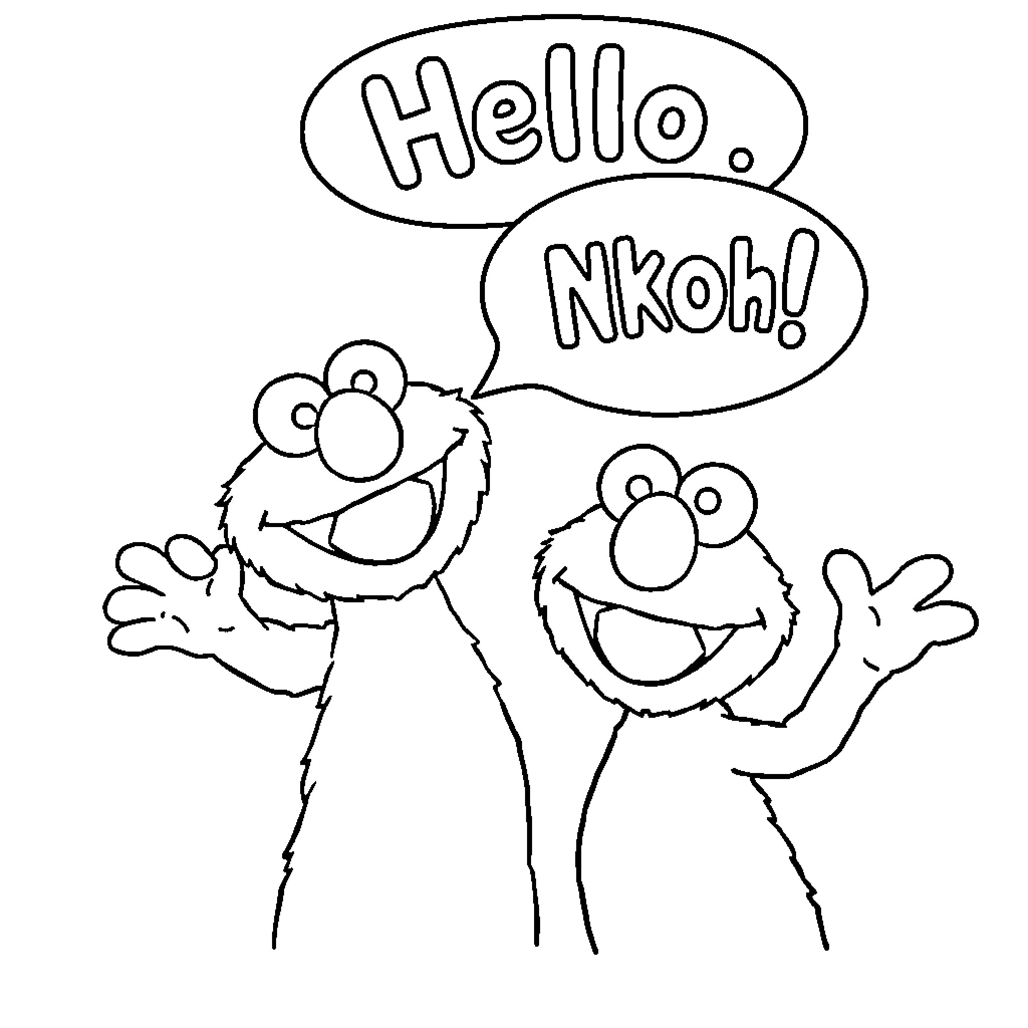 Elmo and friend engage in friendly conversation Coloring Page (free black-and-white line drawing printable PDF for all, from beginners to advanced learners, including children, teens, adults, and seniors)