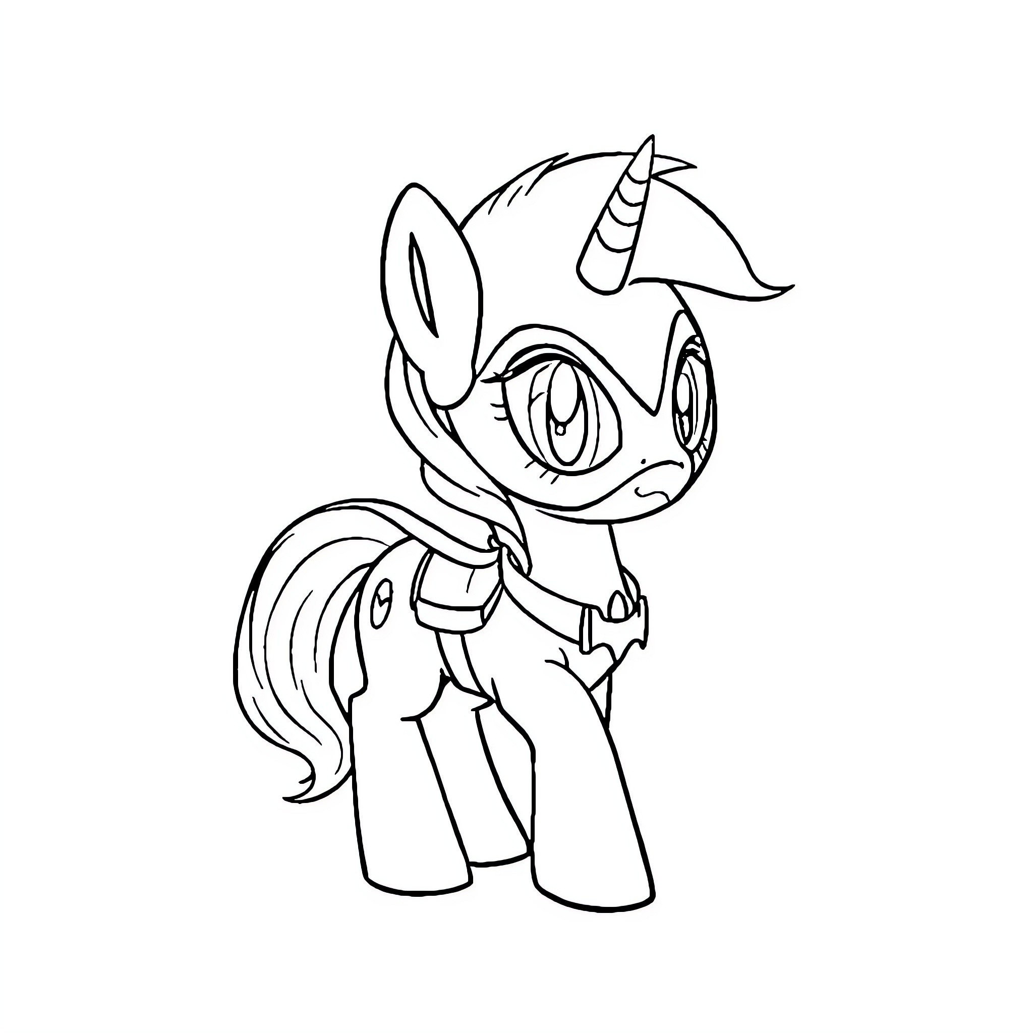 Pony with cute expression and unique attire Coloring Page (free black-and-white line drawing printable PDF for all, from beginners to advanced learners, including children, teens, adults, and seniors)