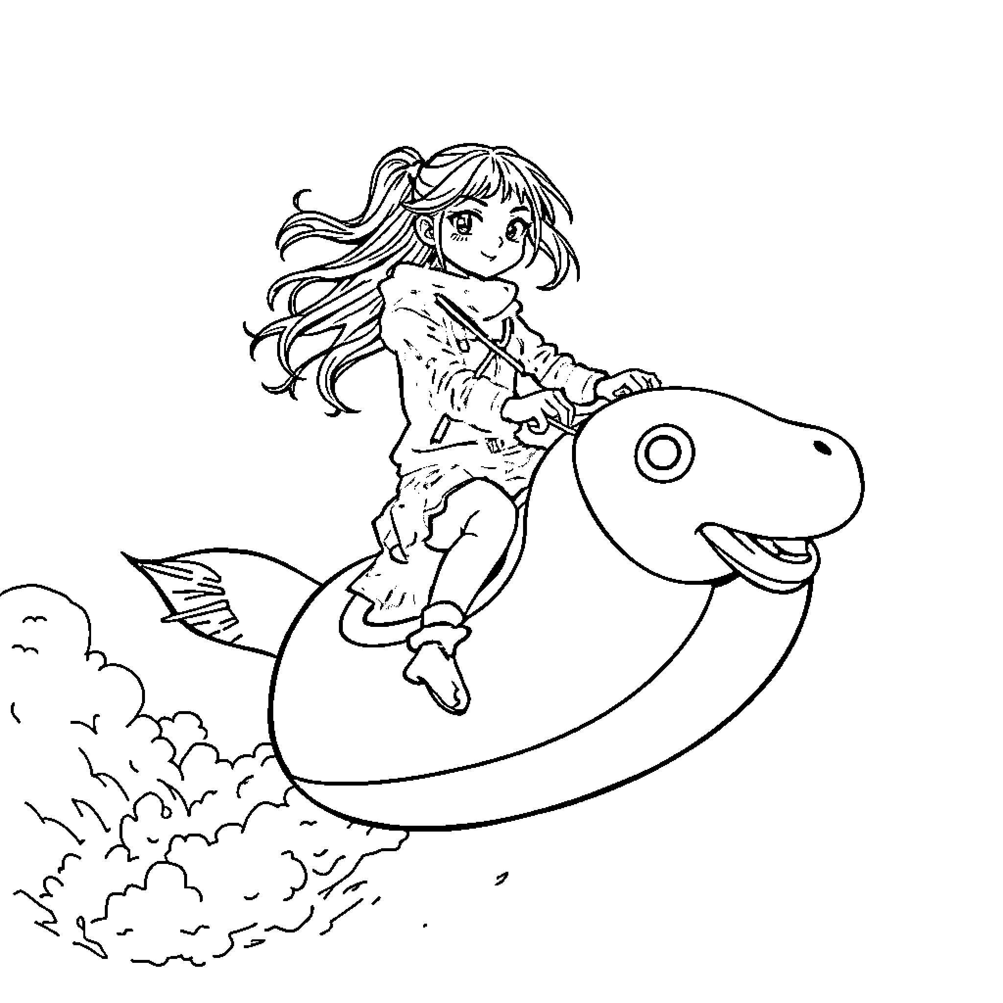 Goth Girl riding a Fantastical Creature Coloring Page (free black-and-white line drawing printable PDF for all, from beginners to advanced learners, including children, teens, adults, and seniors)