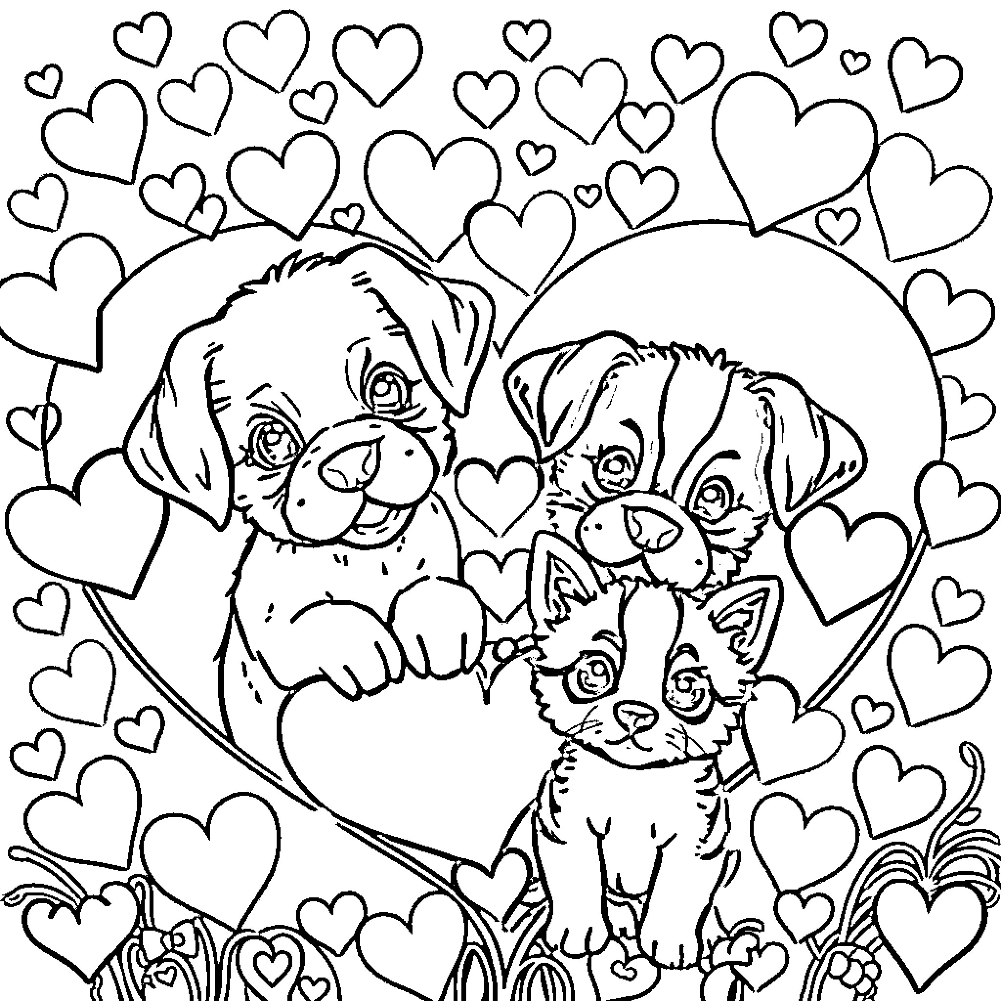 Heart-Shaped Pets and Adoring Hearts Coloring Page (free black-and-white line drawing printable PDF for all, from beginners to advanced learners, including children, teens, adults, and seniors)
