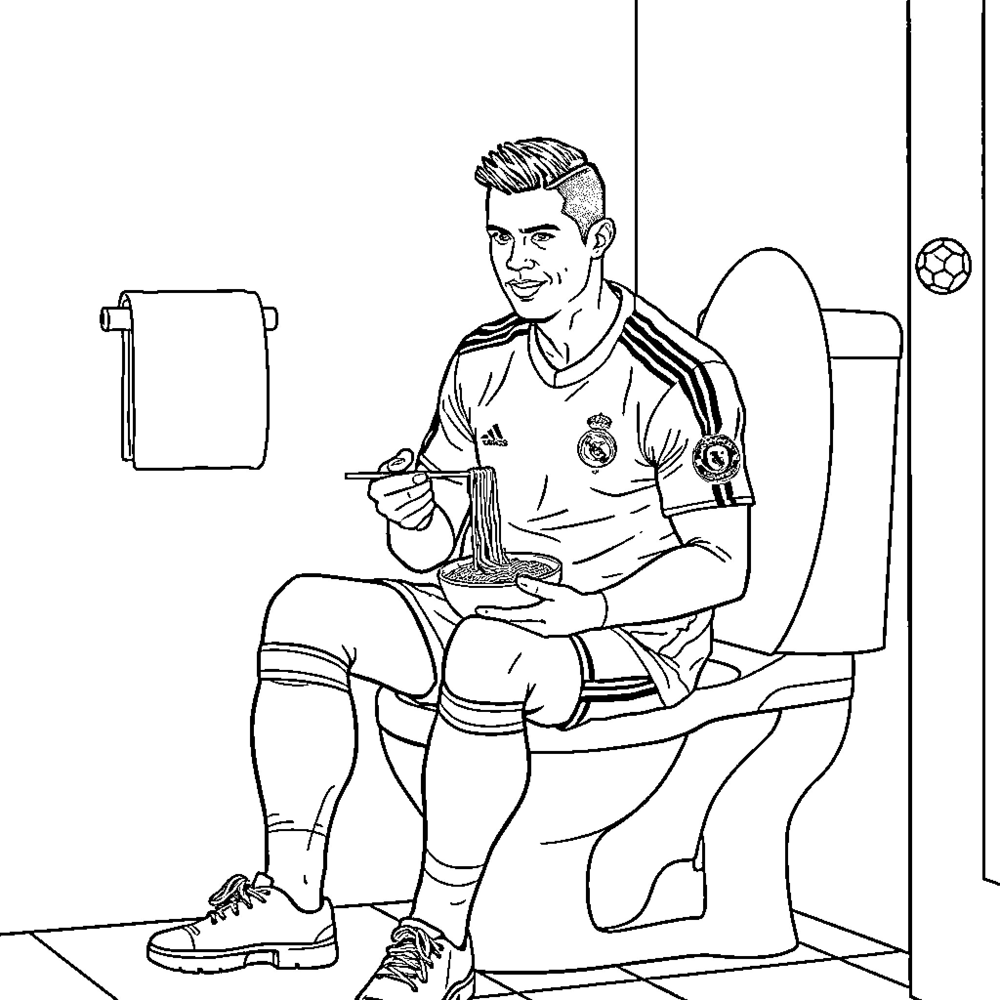 Cristiano Ronaldo sitting in a locker room before a game Coloring Page (free black-and-white line drawing printable PDF for all, from beginners to advanced learners, including children, teens, adults, and seniors)